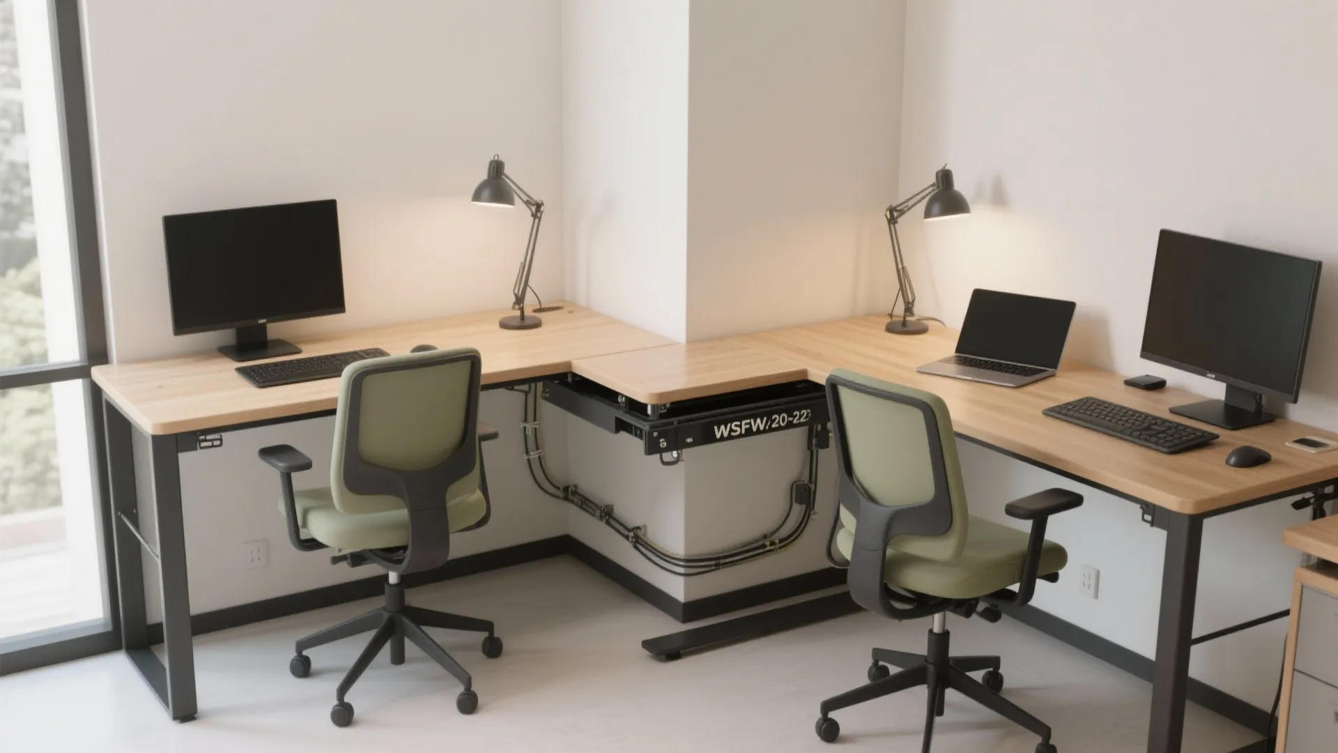 L-shaped desks that share and scale