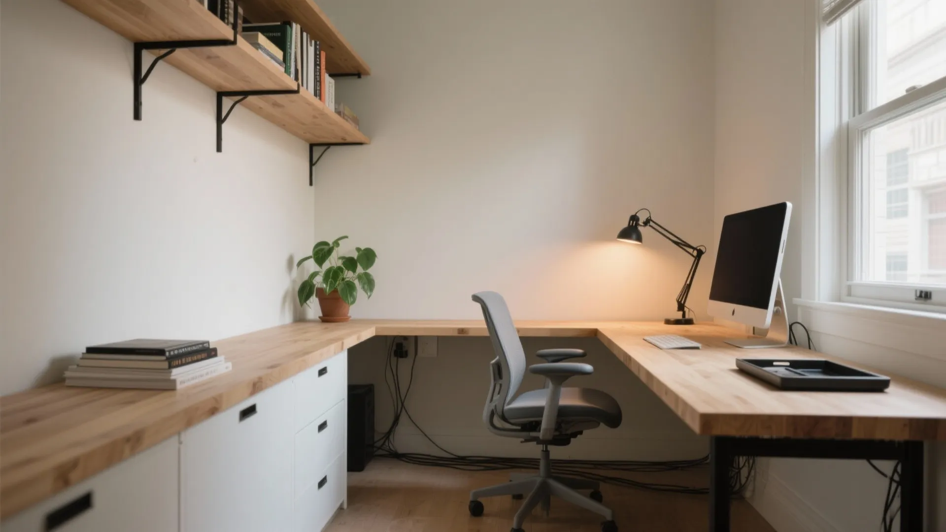 1) L-shaped layout for compact focus