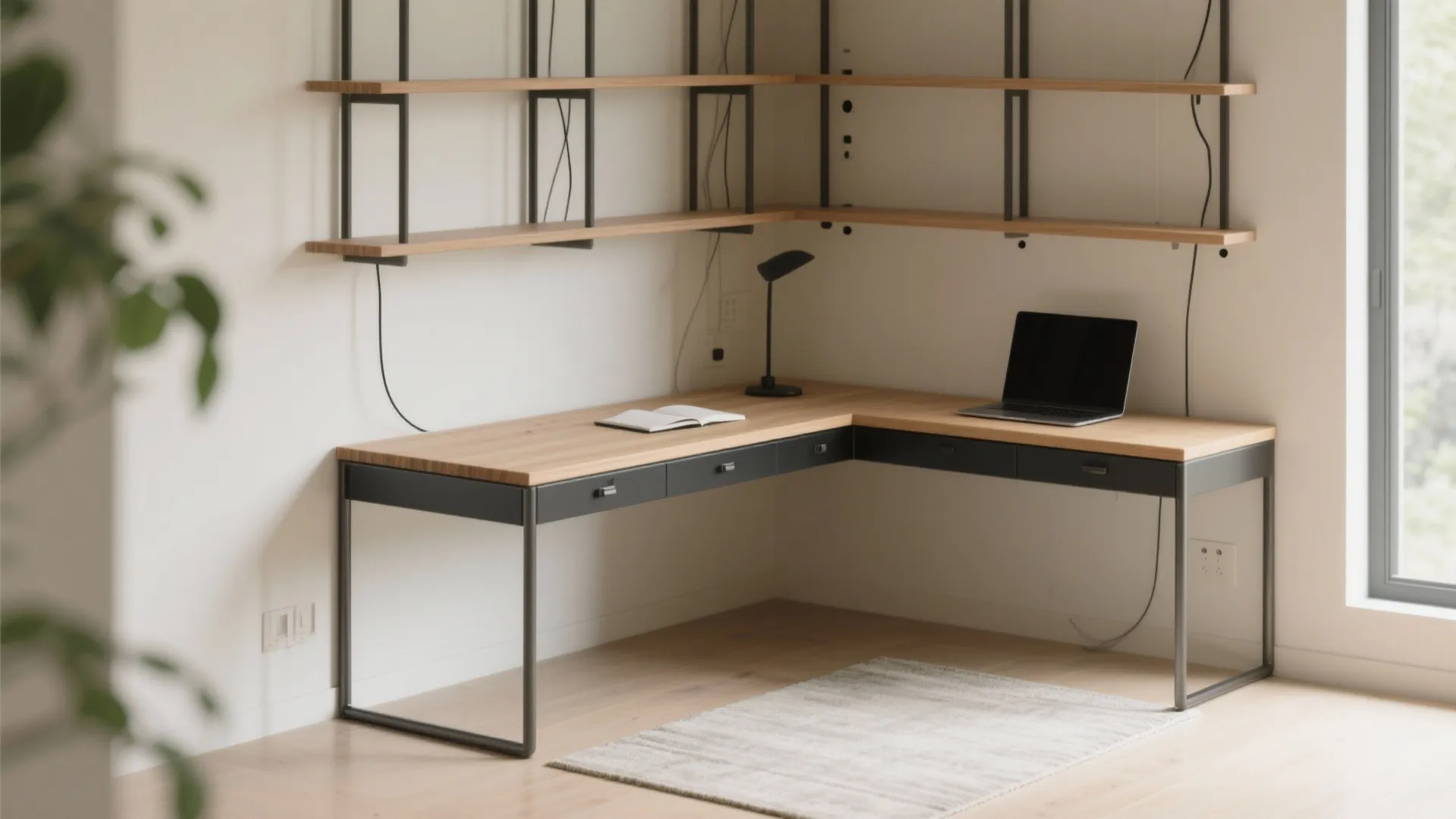 L-shaped wooden desk with black metal frame, laptop, notebook, and open wall shelves in corner