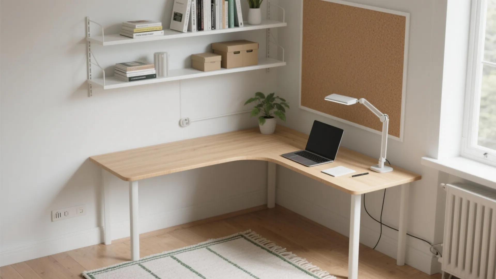 Modern wooden desk in a room corner with white shelves a laptop lamp and rug