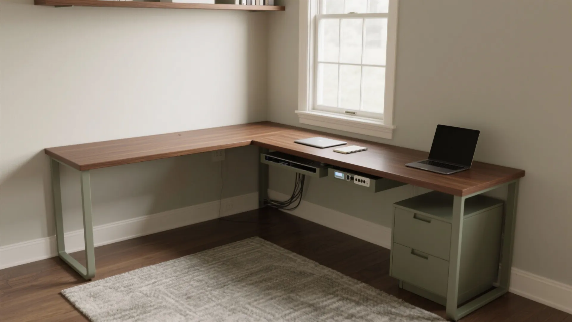 L-shaped wooden corner desk with green metal legs laptop notebook green cabinet drawers and rug