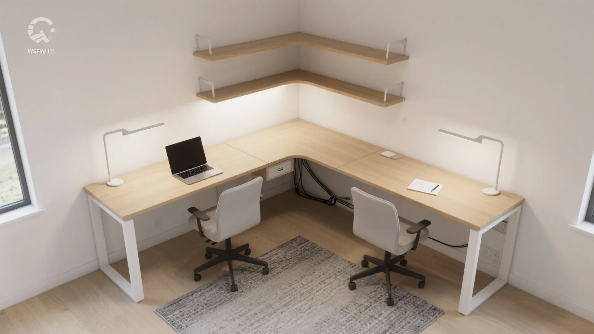 2) L-shaped desk to unlock corners