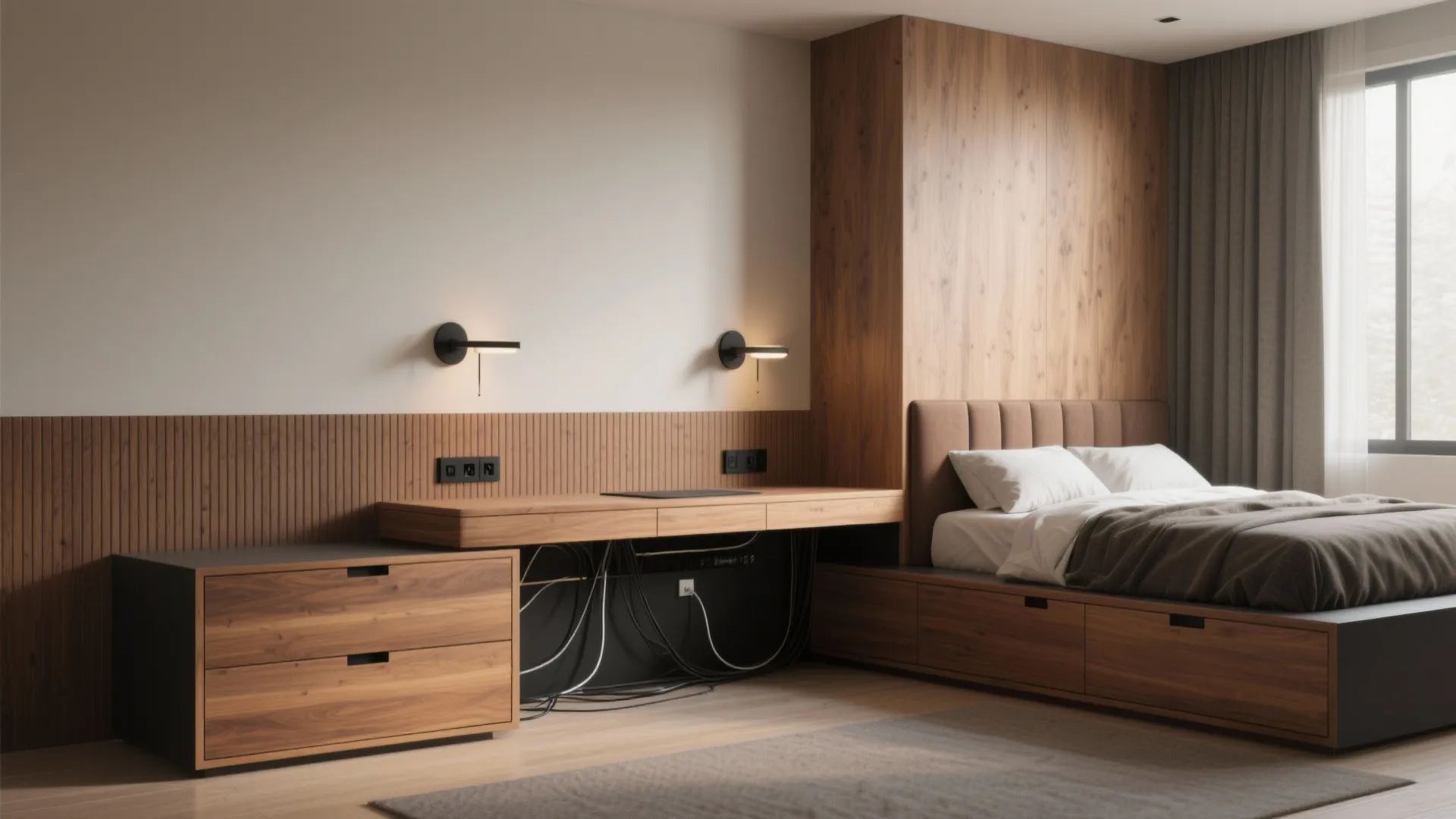 L-Shaped Desk Wrapping the Headboard Wall