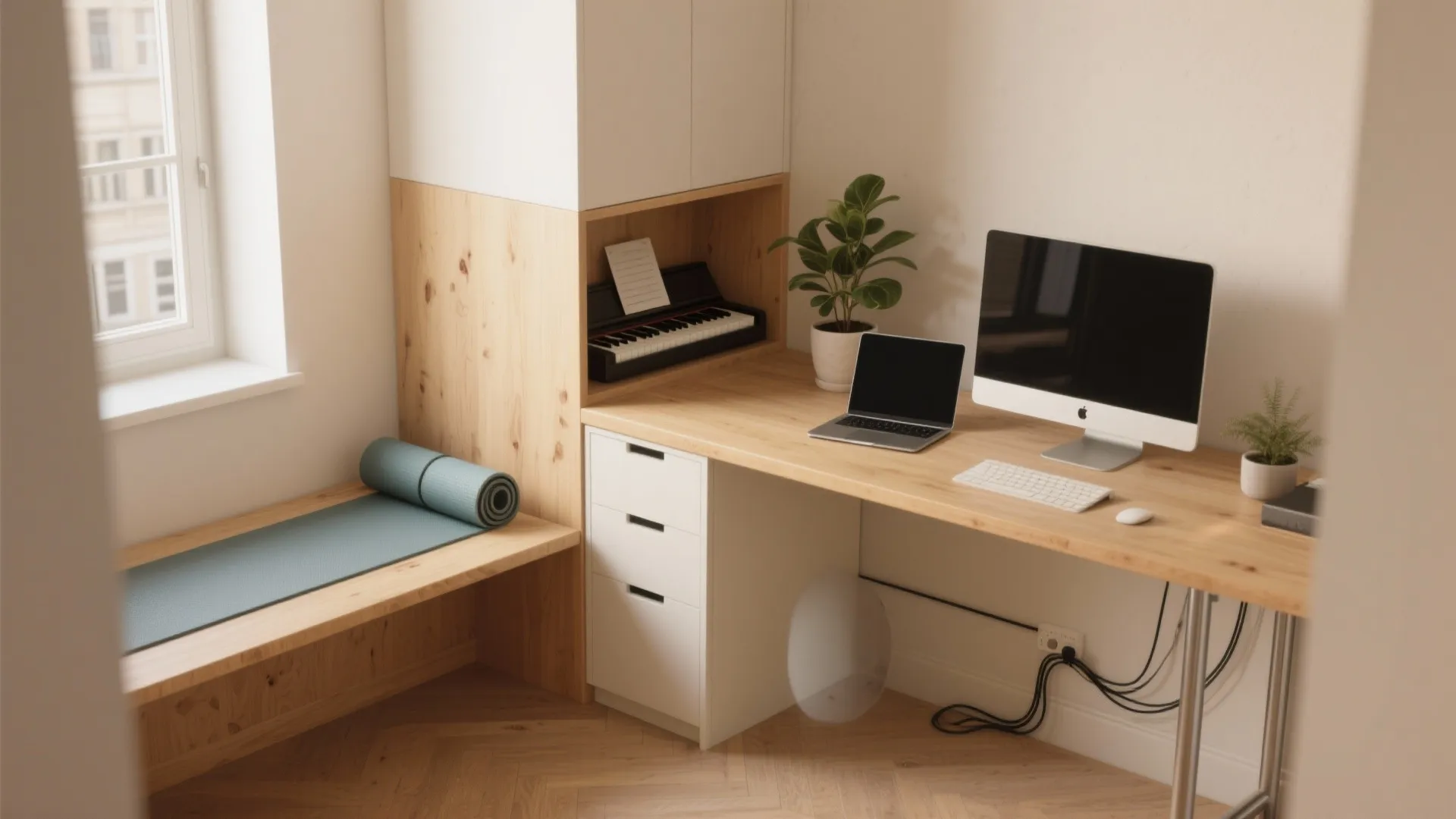 Corner workspace with wooden desk computer laptop small keyboard piano yoga mat and white wall cabinet