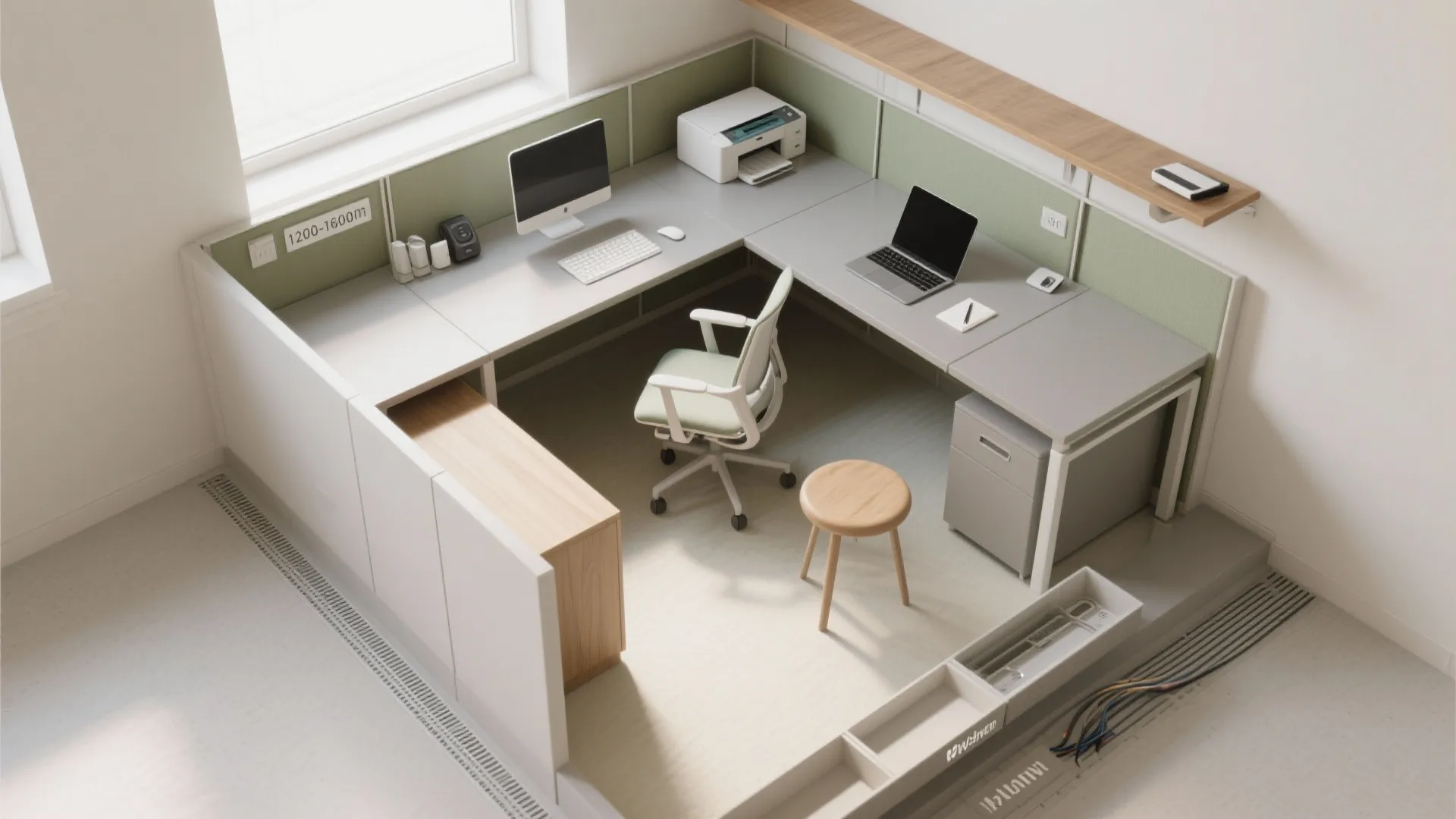 3) L-shaped desk with smart circulation