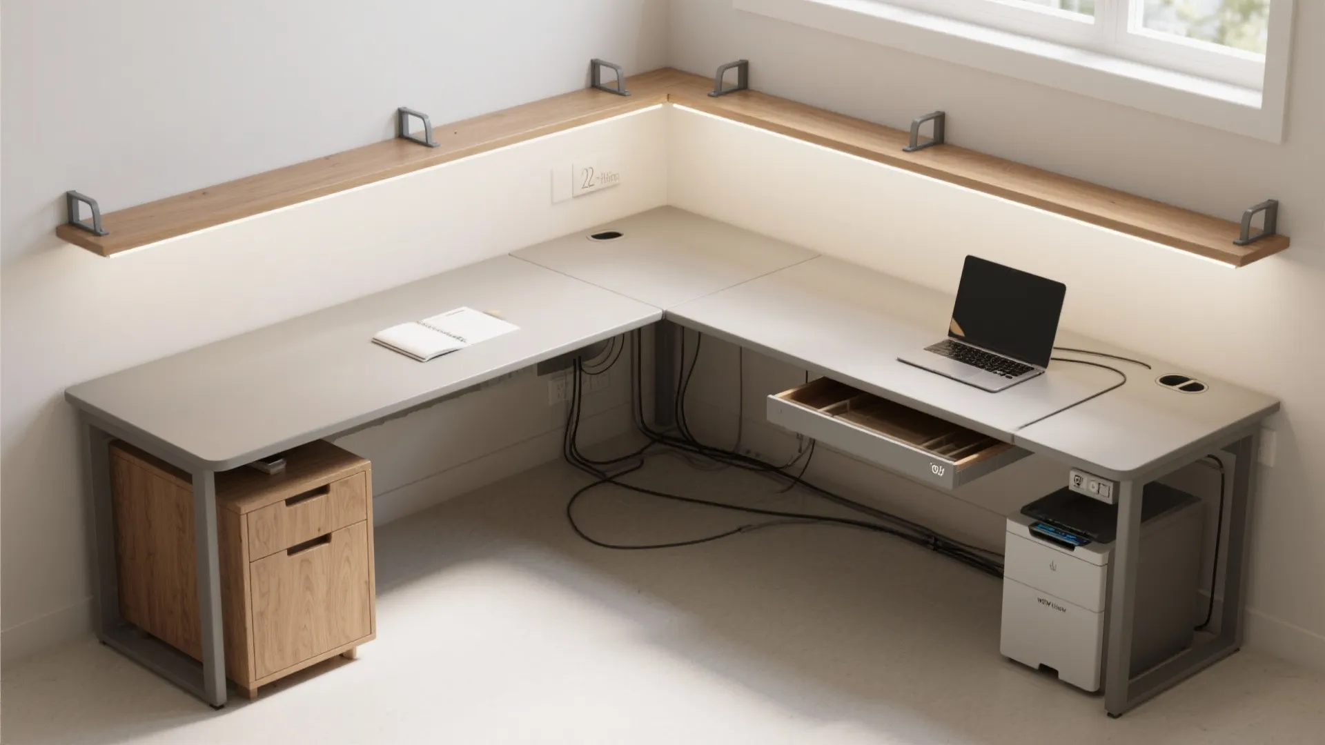 Wooden corner desk with an office chair measuring tape headphones and a cork board wall