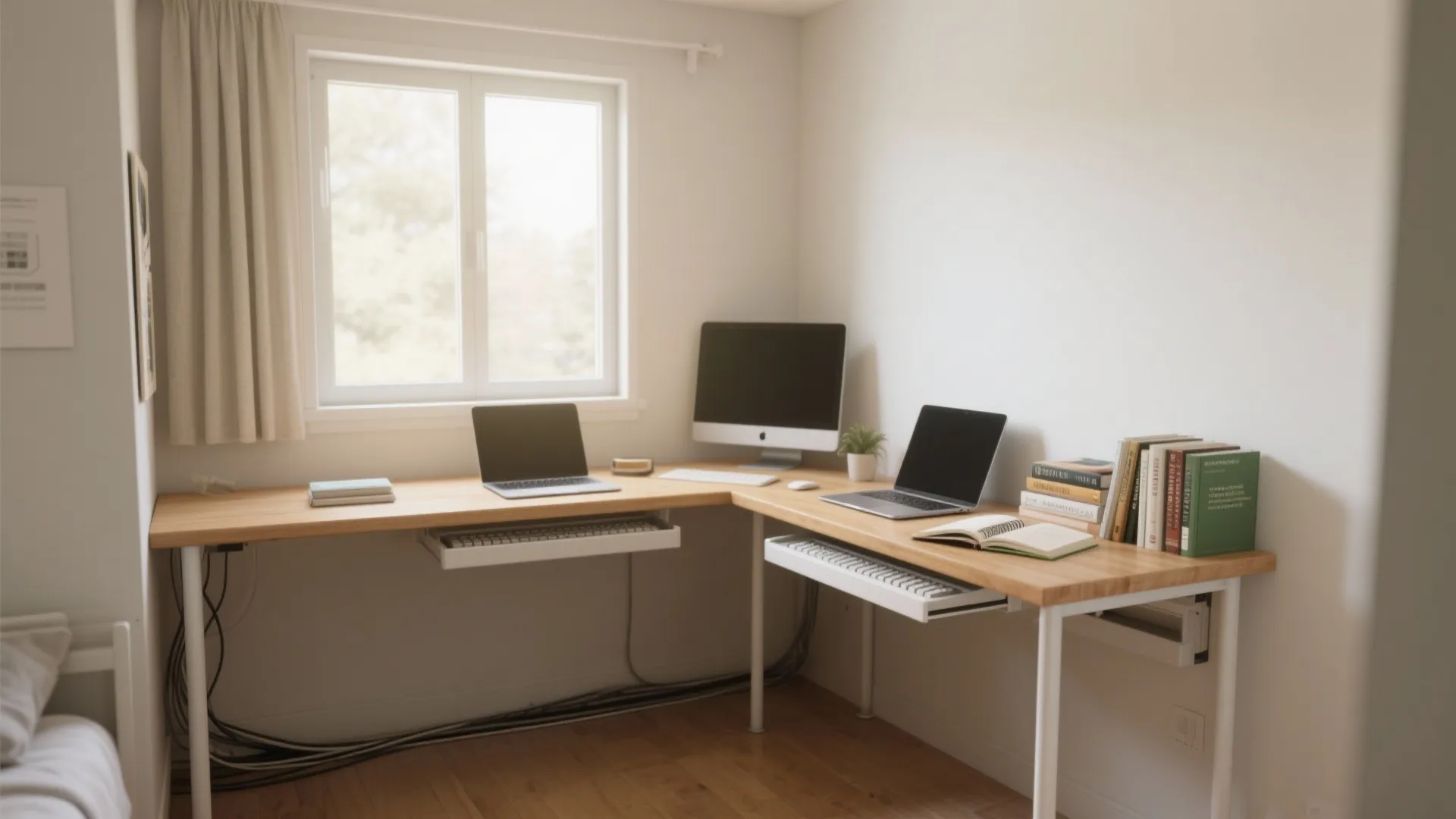 L-shaped wooden desk in corner with laptops, computer monitor, books, window, and white walls layout