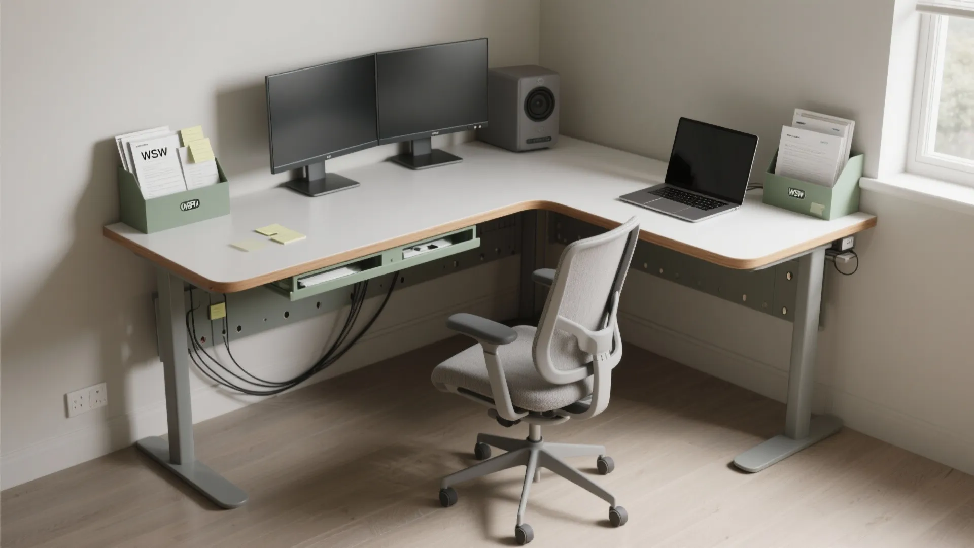 L-shaped desk layouts that support case work and dual screens