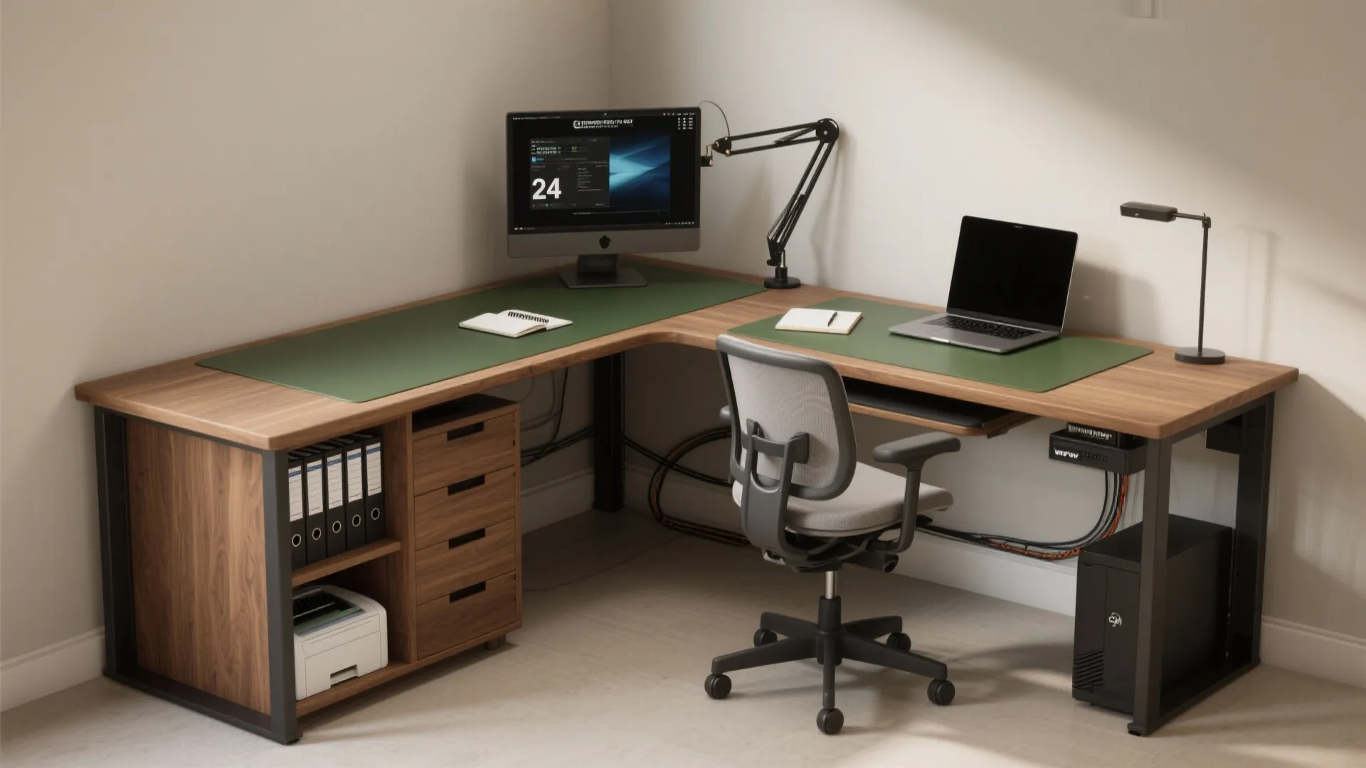 Compact L-shaped desk with a 24-inch monitor on an arm and a laptop stand, tidy cables, and warm materials.