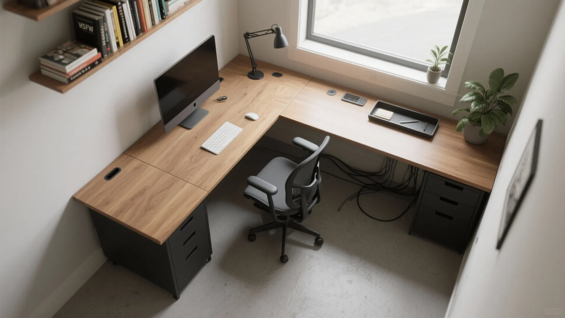 Top view of L-shaped wooden desk with computer monitor black chair office drawers and plants
