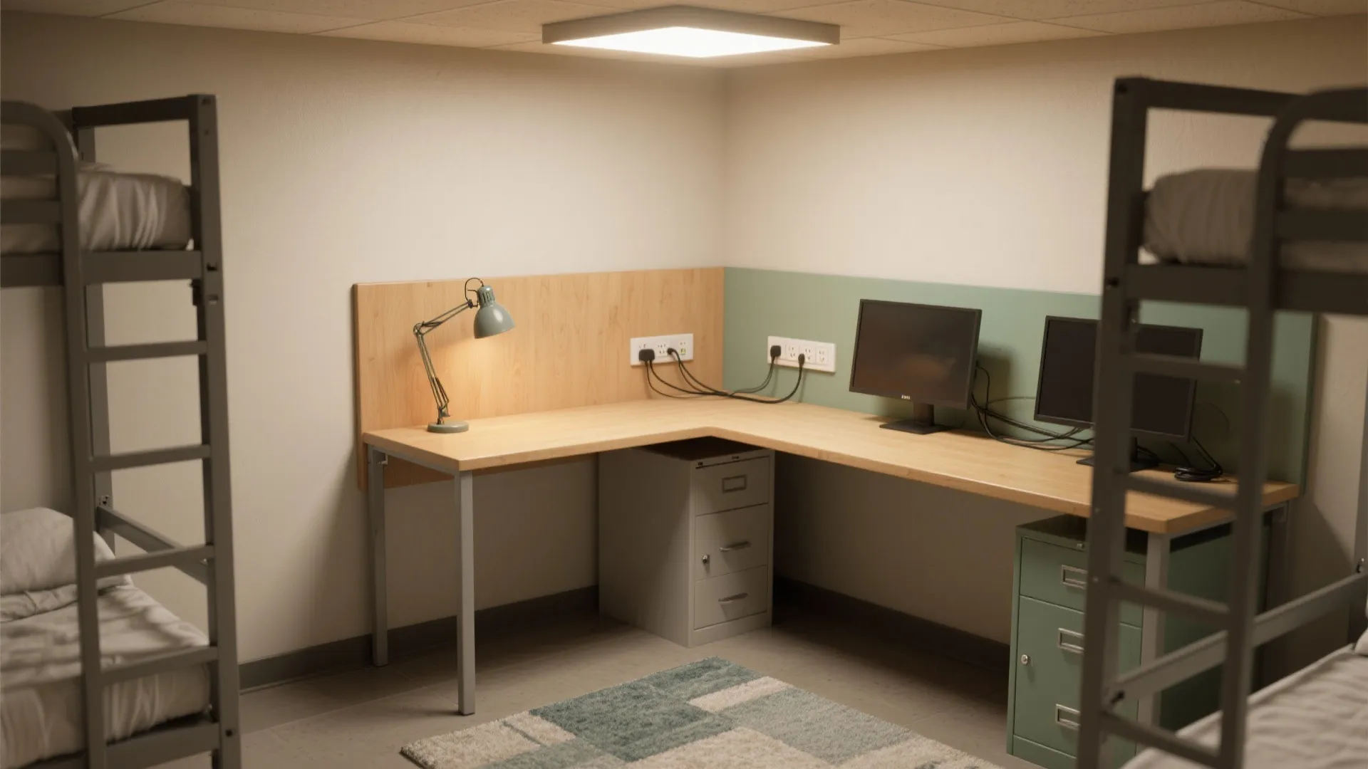 Shared bedroom with metal bunk beds plus corner wooden desk with monitors and green cabinet