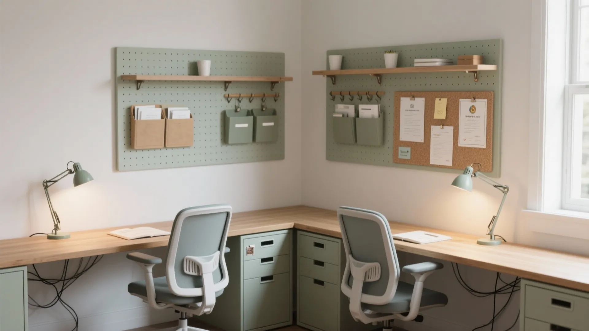 3) Two-Person Study Wall With an L-Shaped Desk