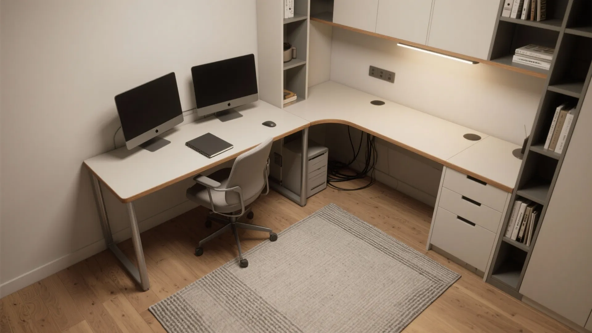 Modern home office layout with corner desk two computer monitors grey chair rug and cabinet