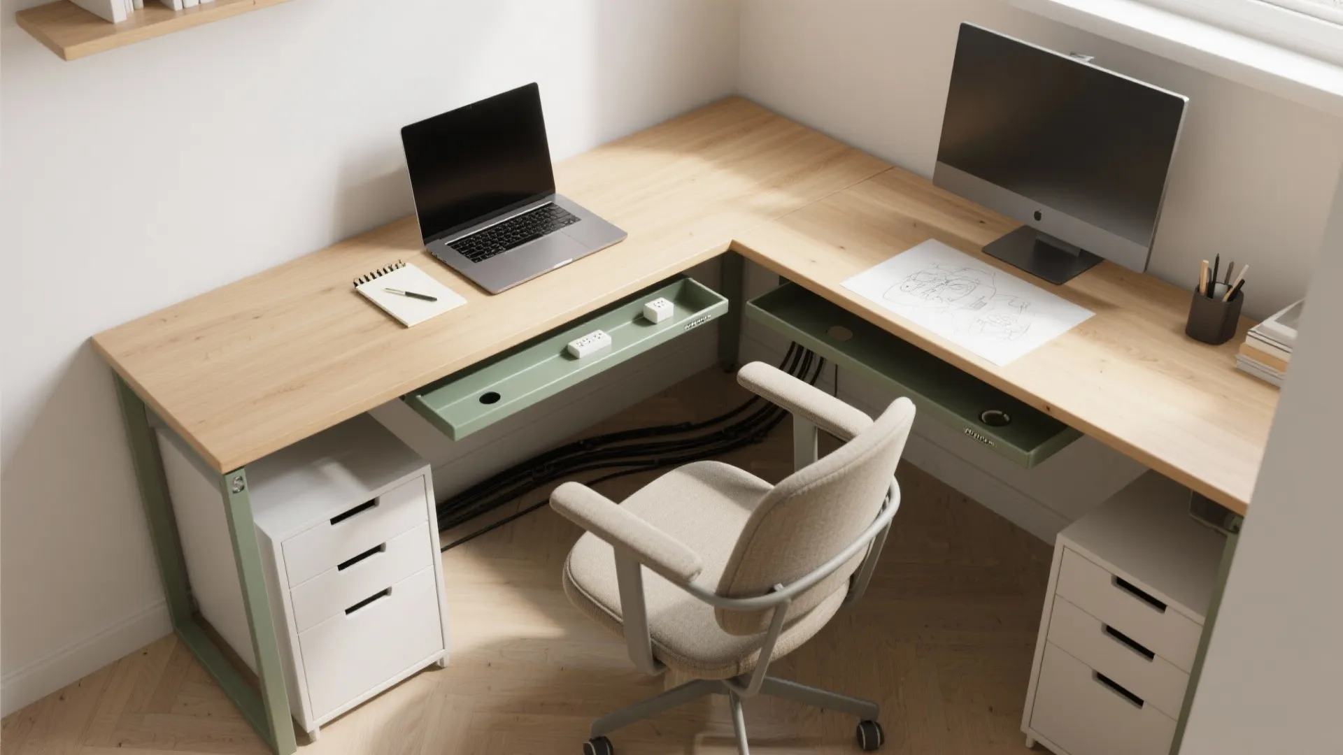 L-shaped desk and cable discipline