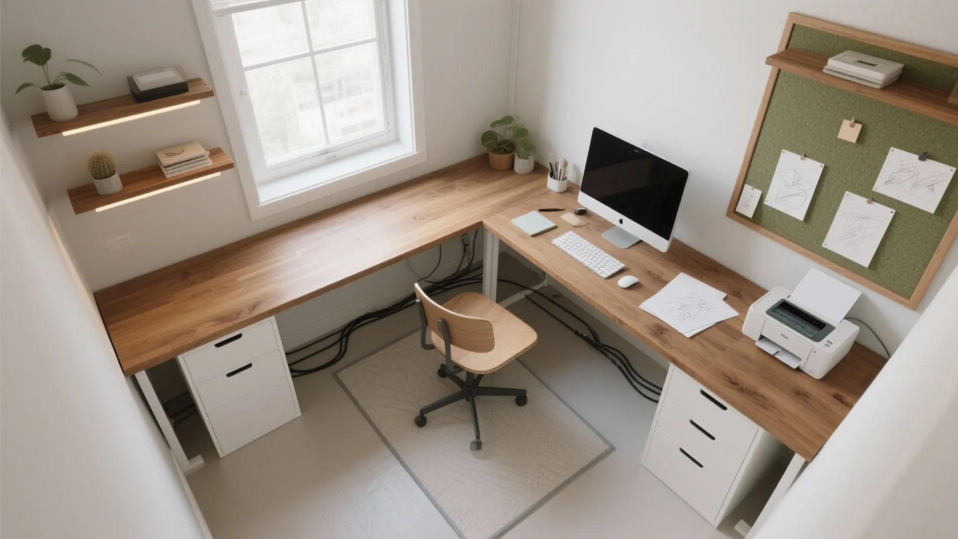 Aerial view of an L-shaped wooden desk with computer printer white cabinets and wall shelves