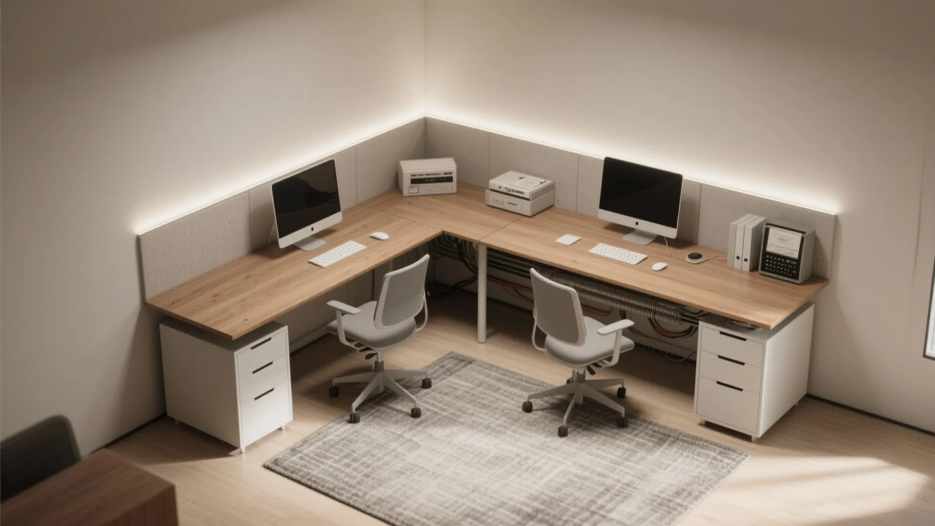 Modern corner home office with wooden desk, two computer monitors, grey chairs, rug, and cabinets