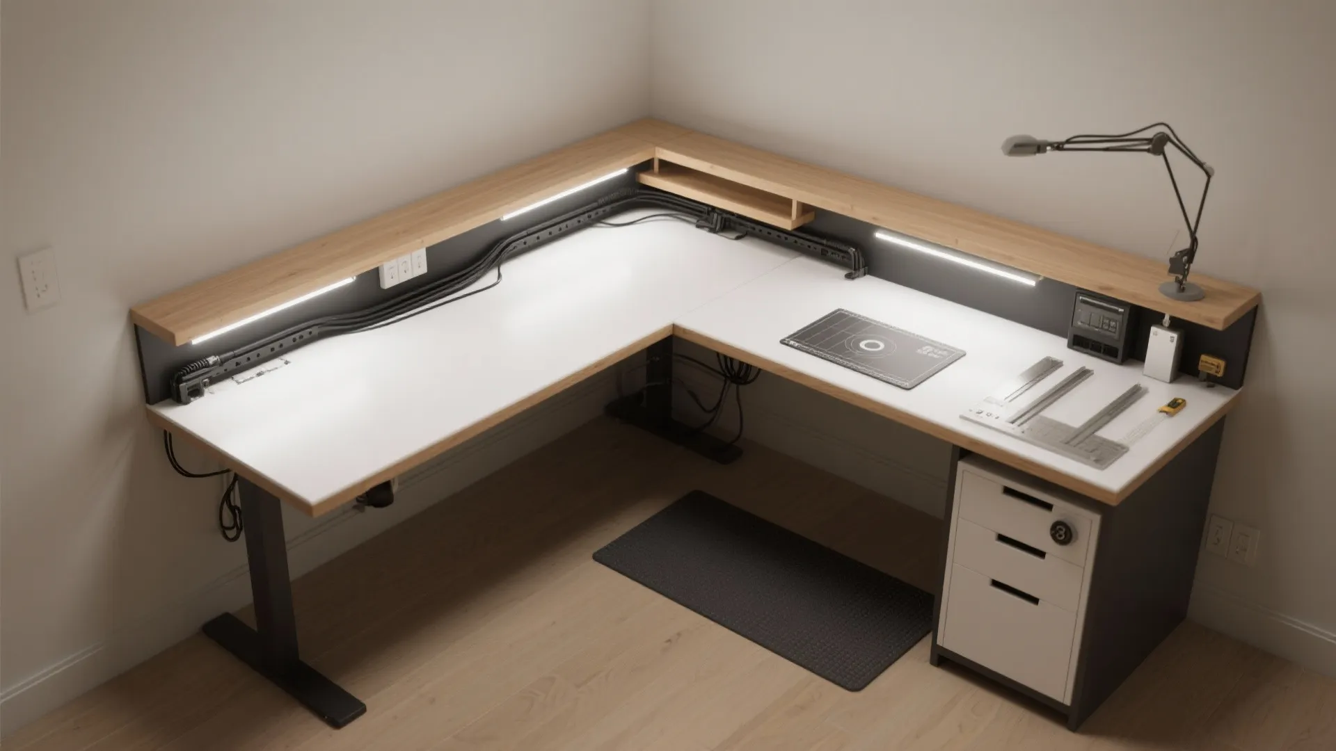 L-Shaped Workstation + Task Lighting: Small Space, Big Surface