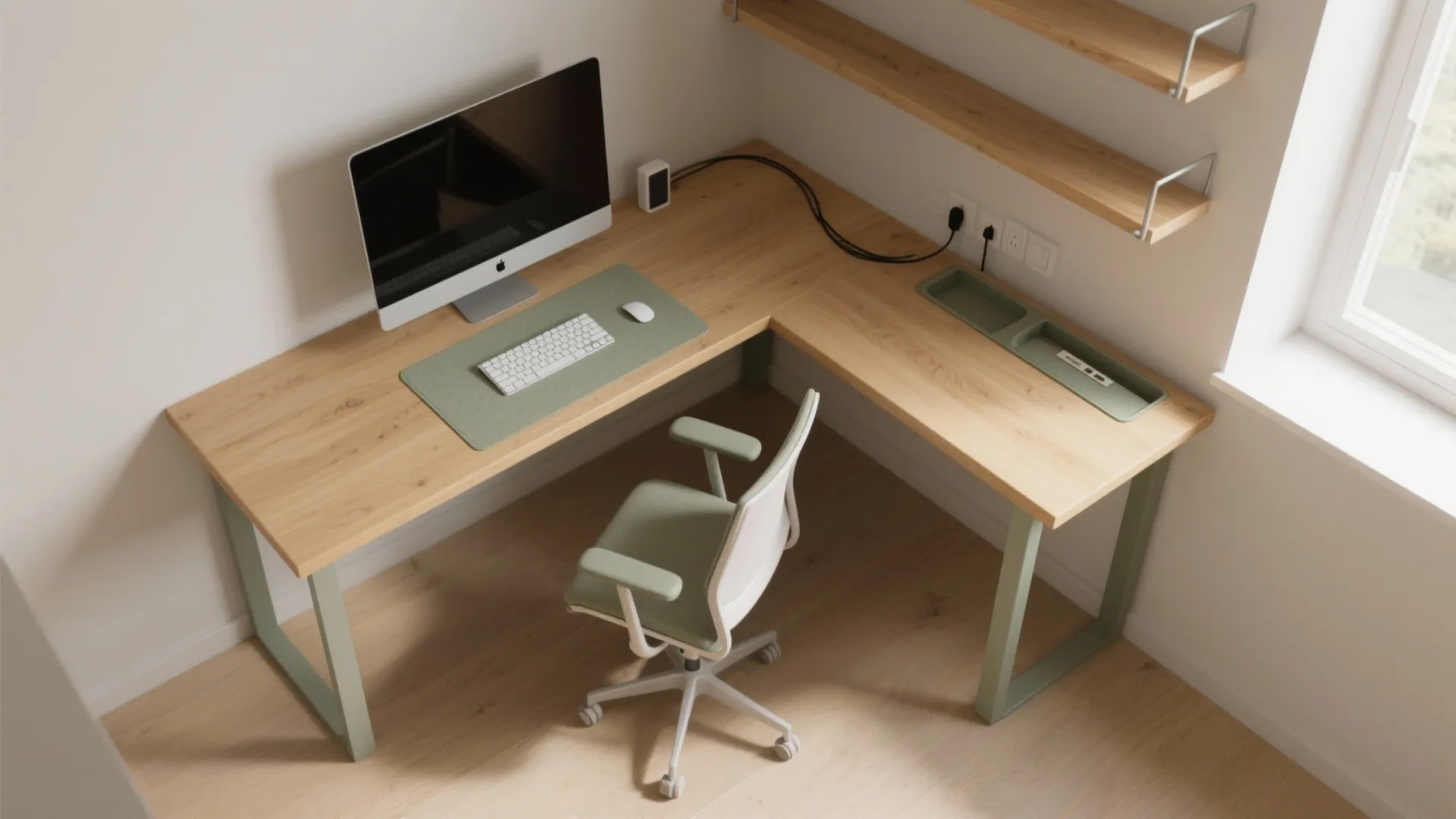 Top-down layout of a small study with an L-shaped oak desk and tidy cable routing.