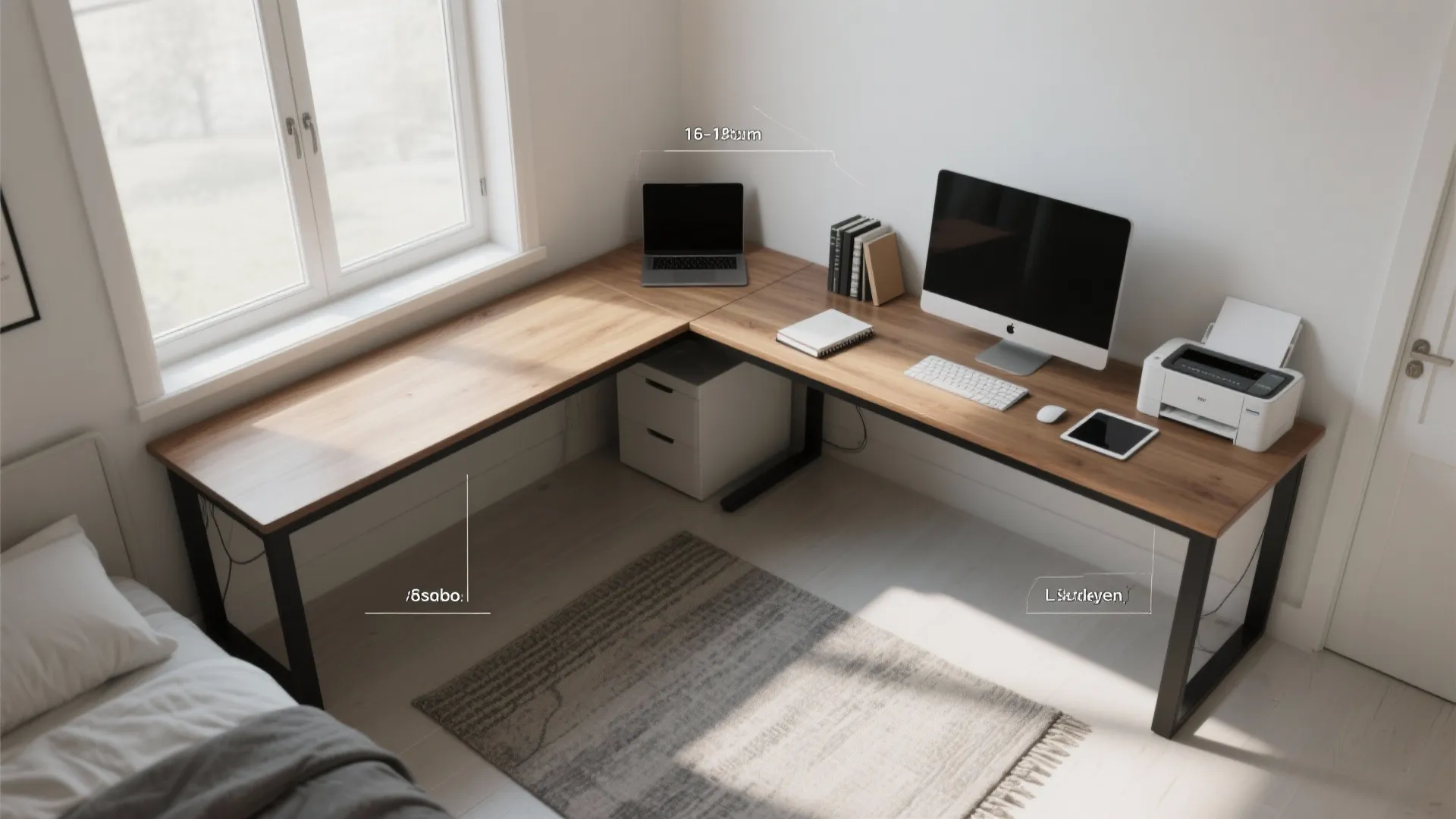 Top-down view of a small room with L-shaped desk optimizing corner space