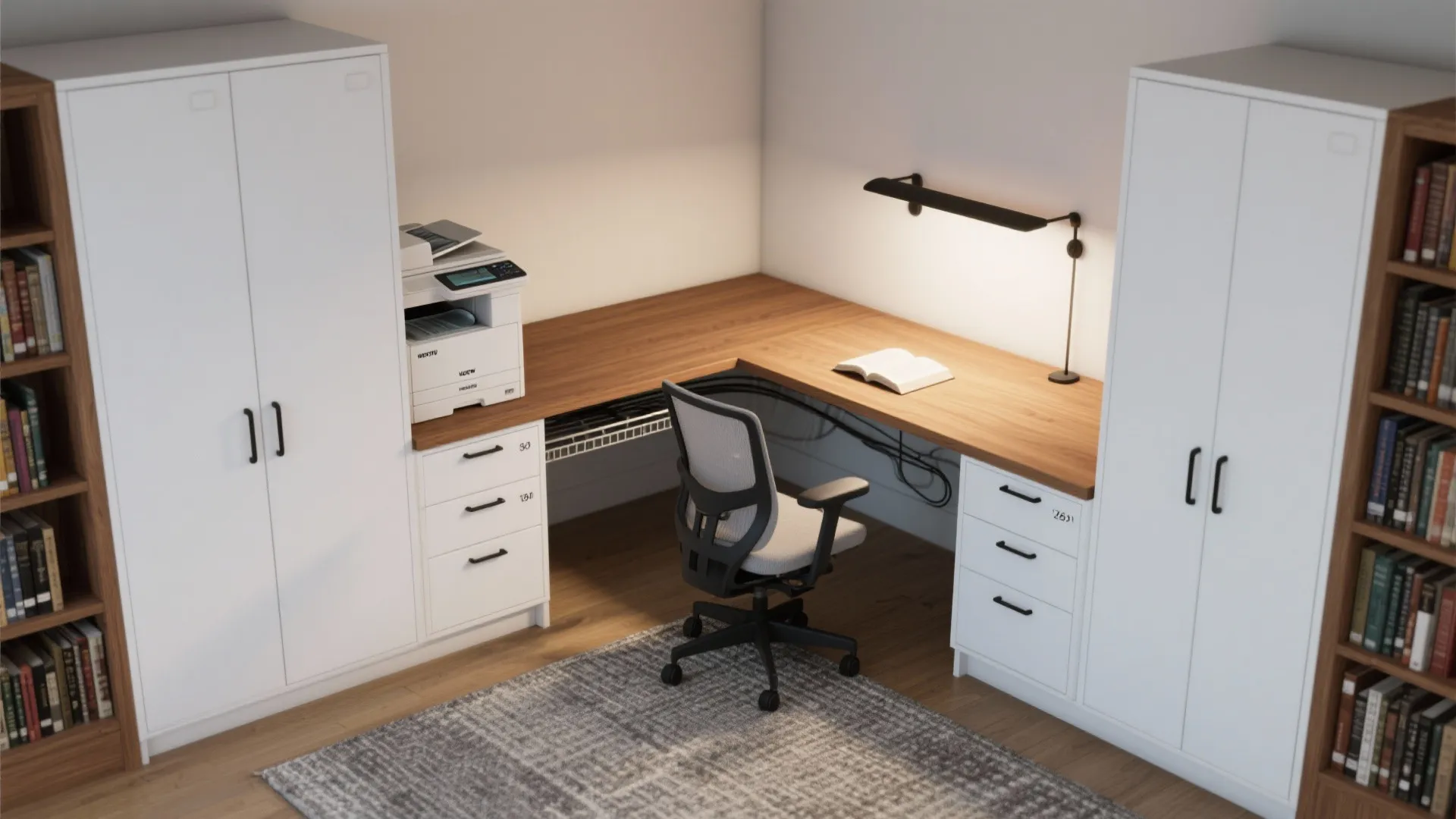 L-Shaped Desk Meets Vertical Storage Towers