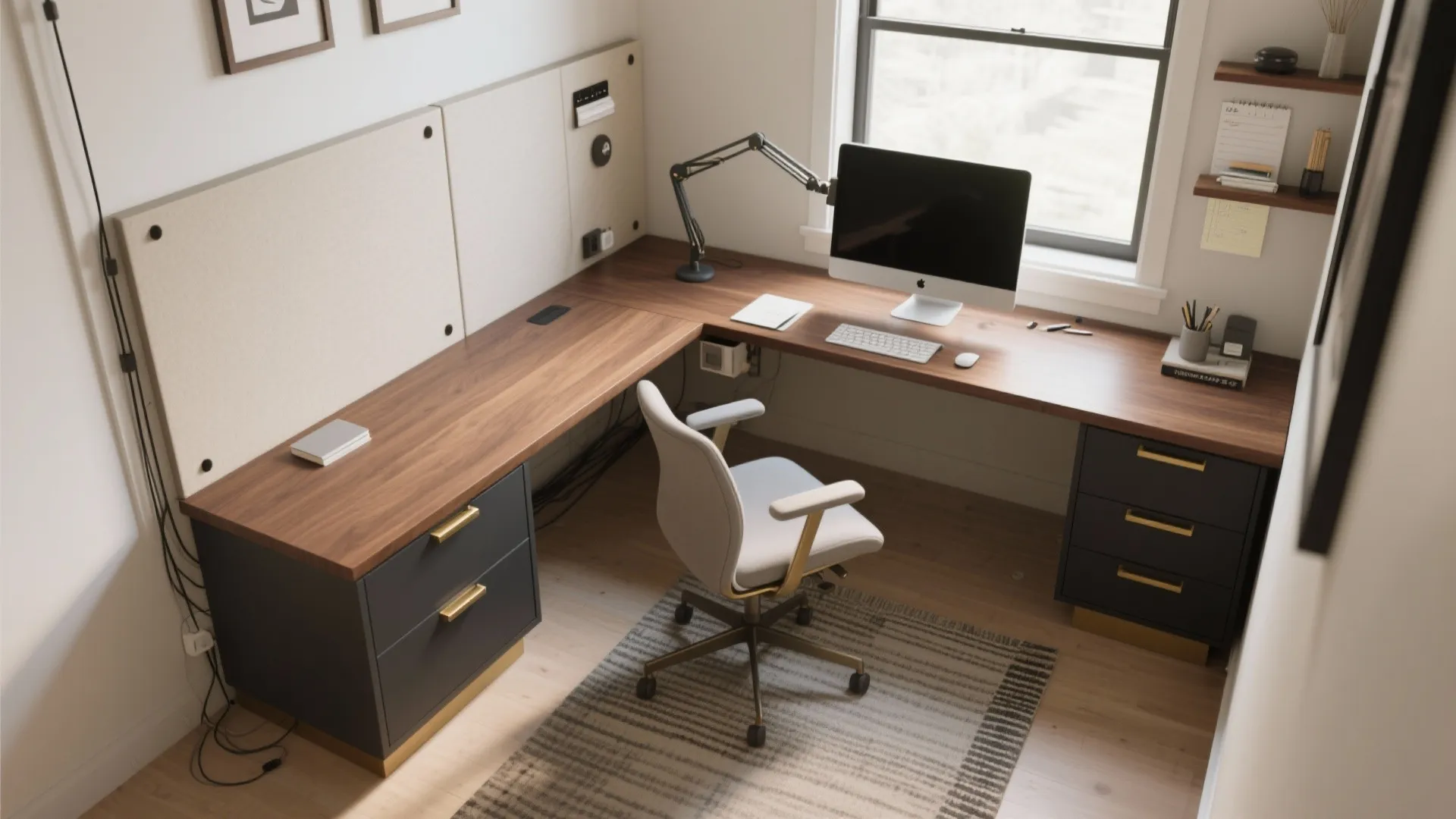 An L-Shaped Compact Desk With Hidden Wiring