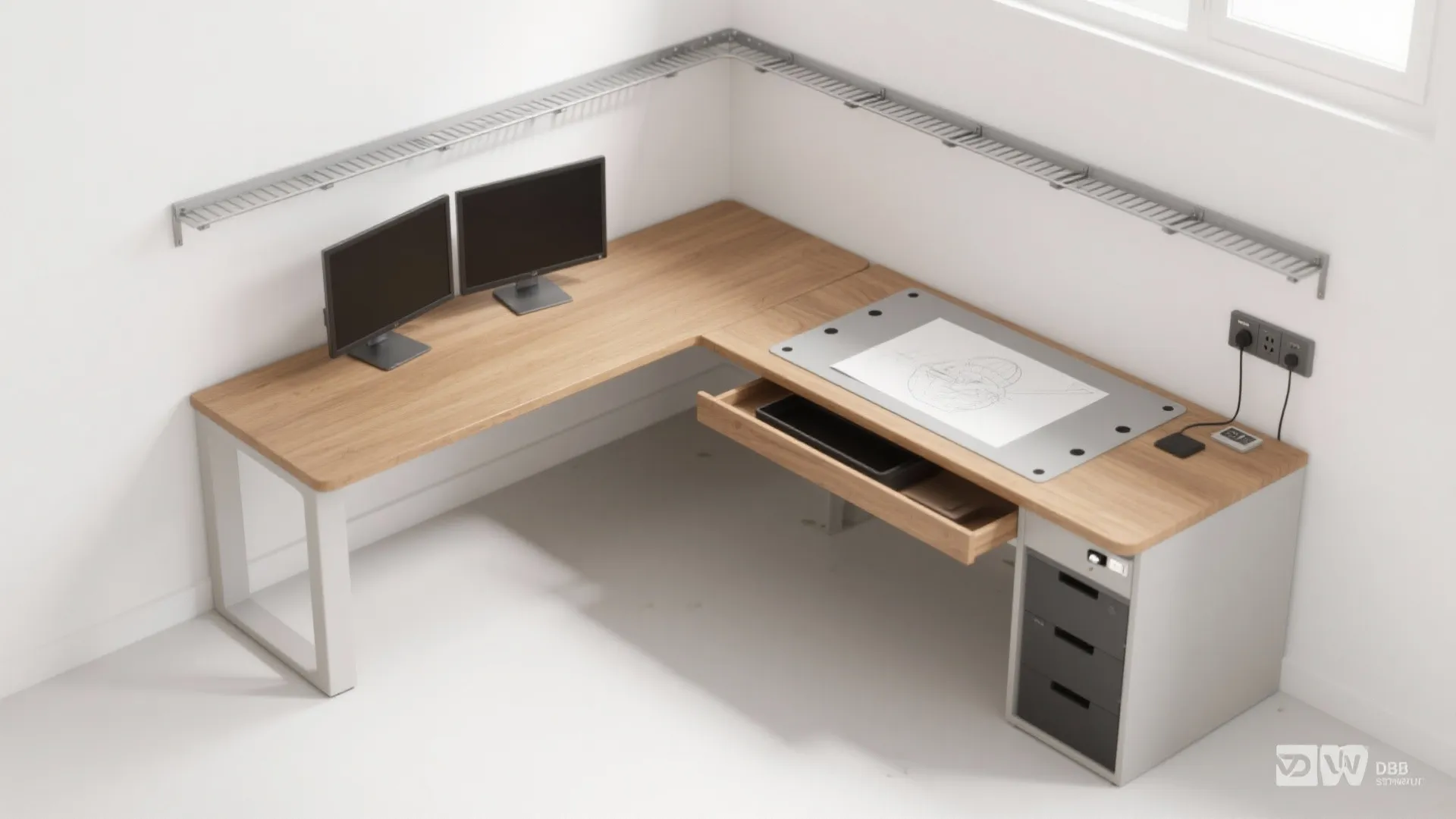 Wooden L-shaped desk with dual computer monitors, paper drawing, white walls, and black storage drawers