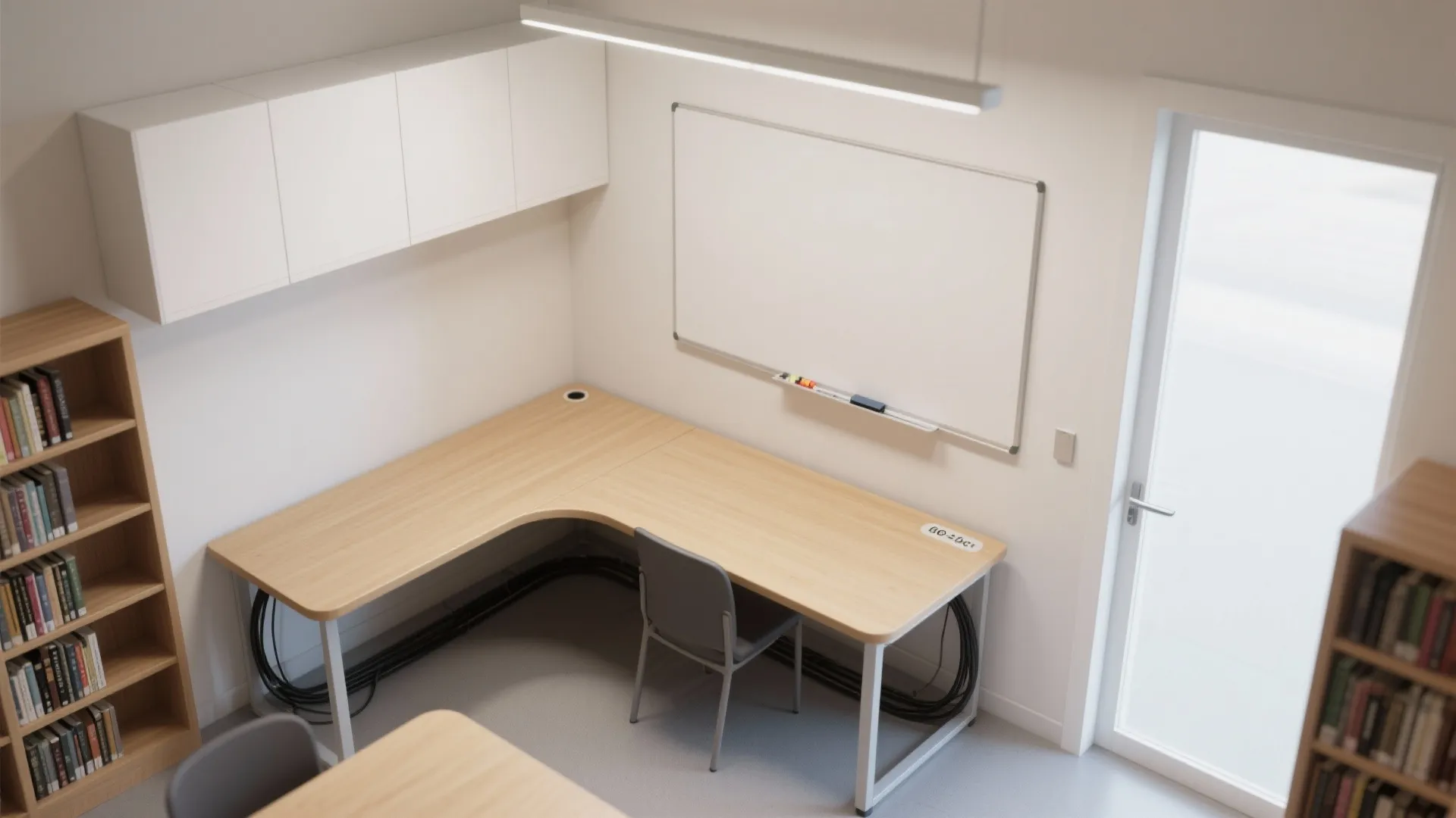 Modern home office with an L shaped wood desk grey chair whiteboard and wall cabinet