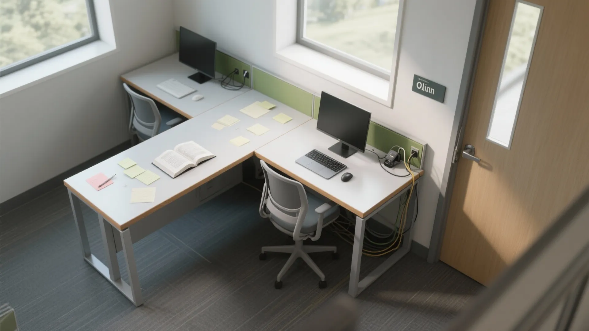 L-shaped desk zones in compact rooms