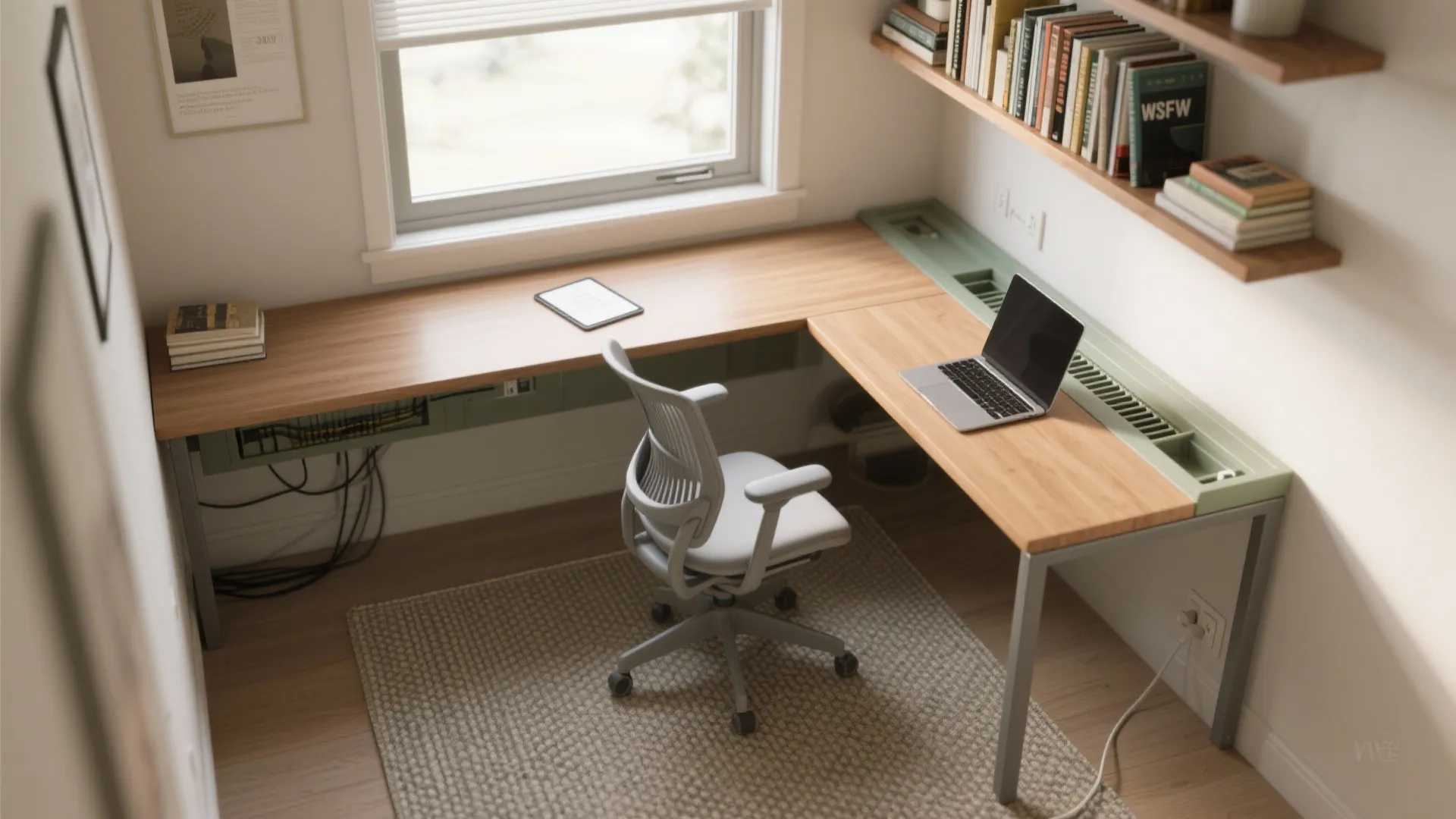 Modern L shaped wooden desk with grey ergonomic chair laptop books and wall mounted shelves