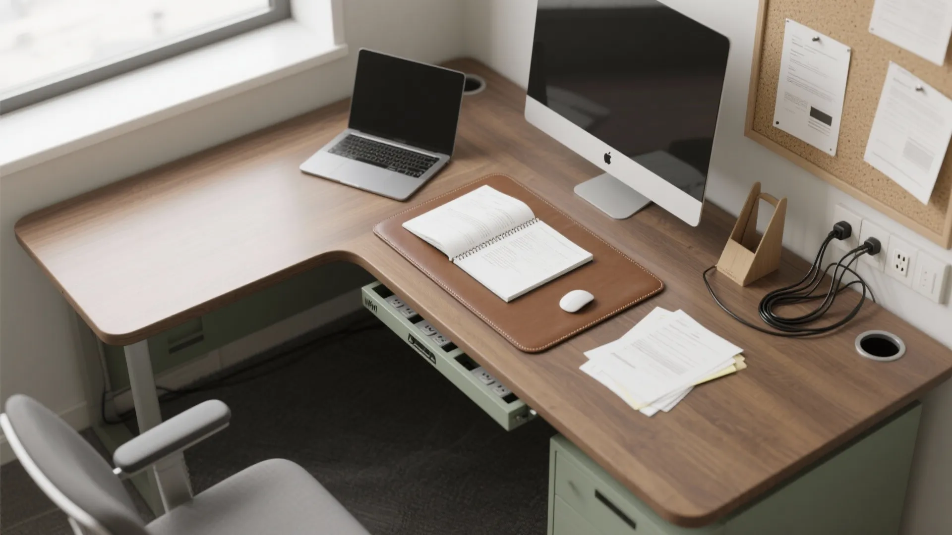 L-shaped desk flow and cable discipline