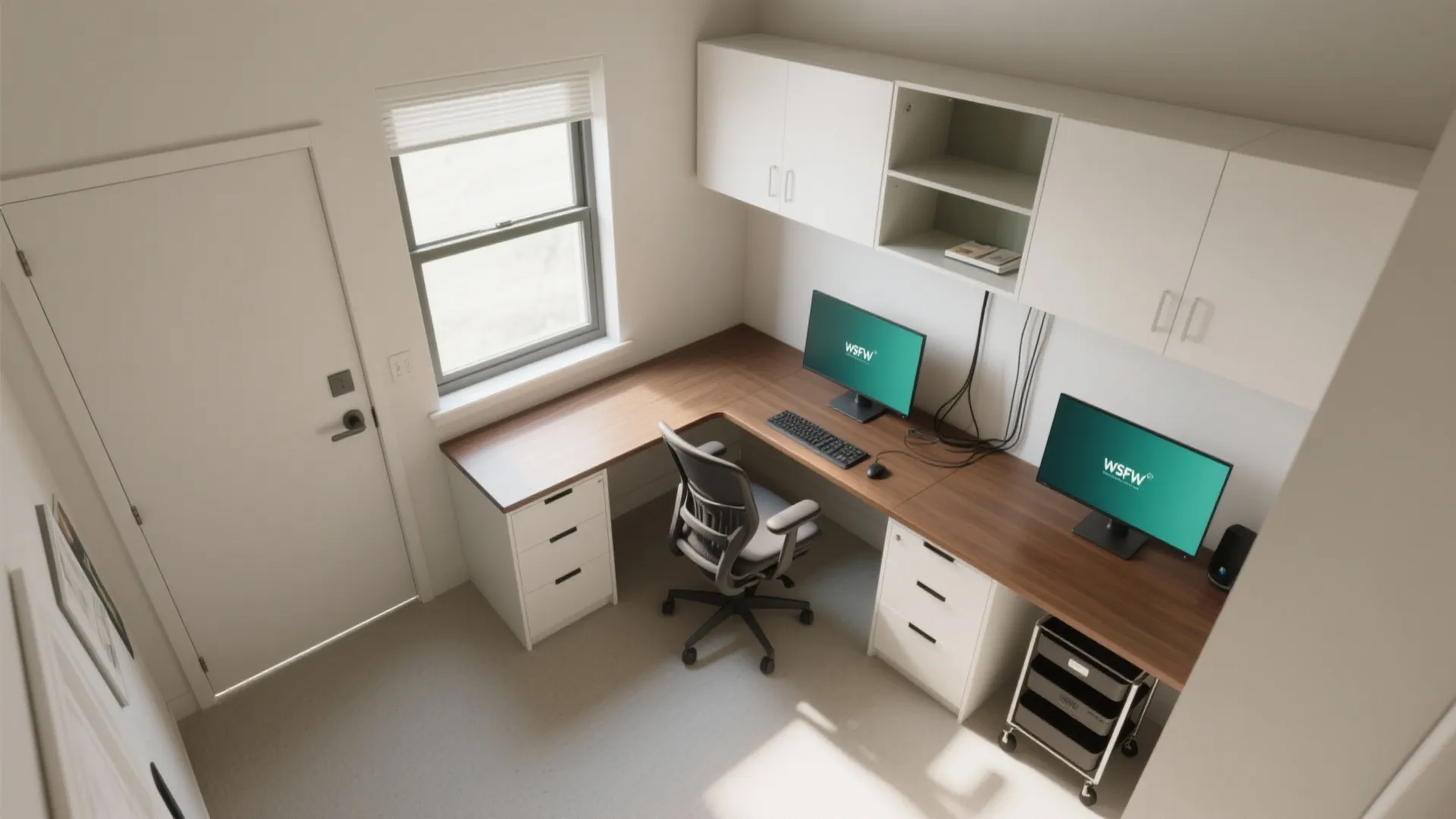 L-shaped small study layout that doesn’t waste corners