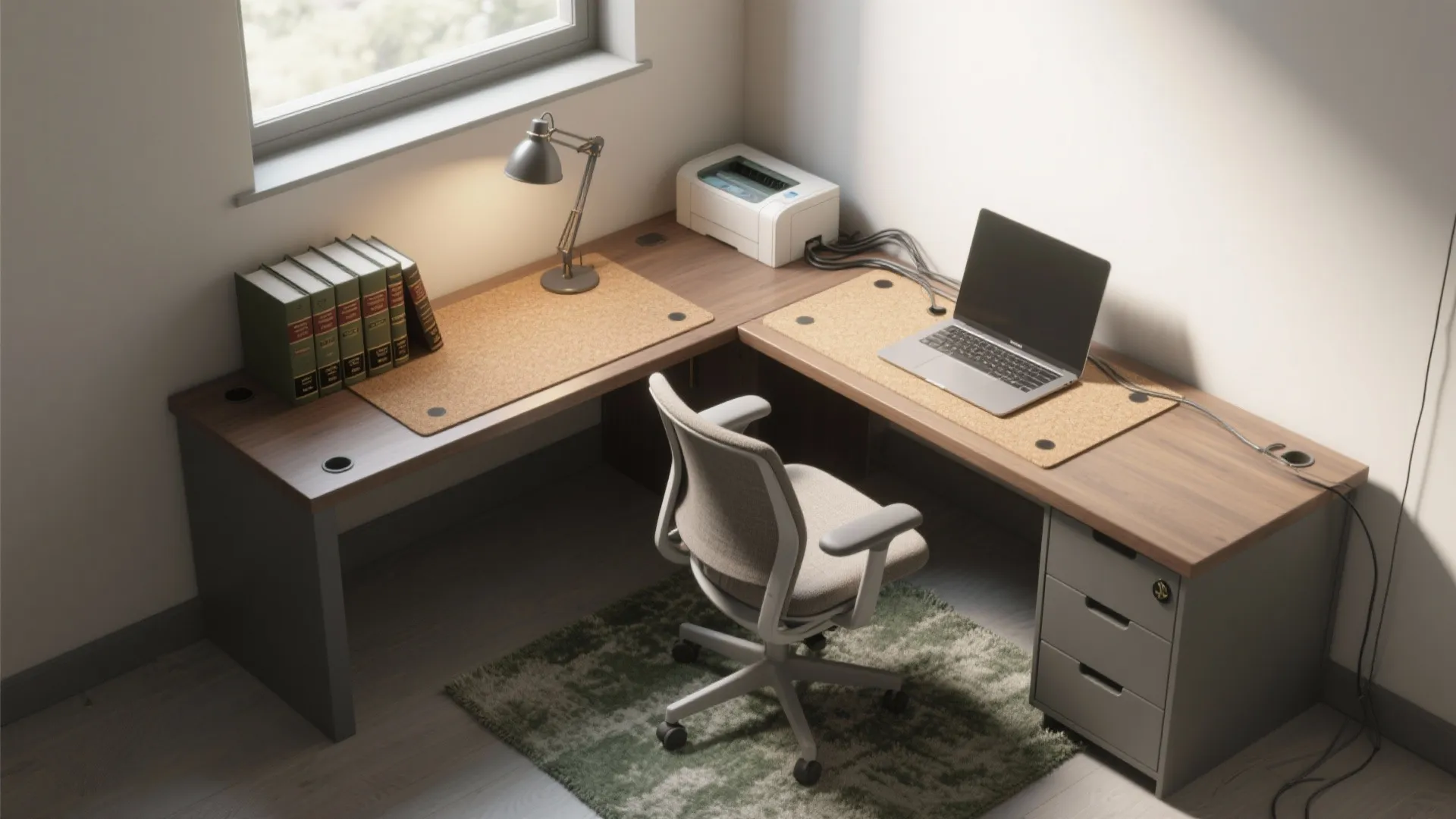 L-shaped wooden desk with laptop printer lamp books and grey office chair on green rug