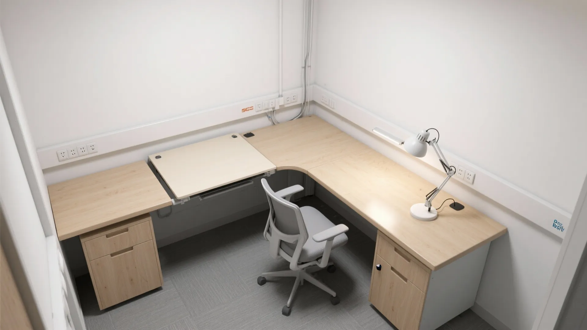 L-shaped desks and wall-mounted surfaces that multiply usable area