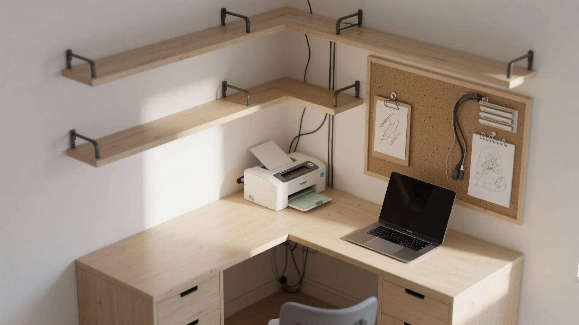 3) L-Shape Desk with Floating Shelves