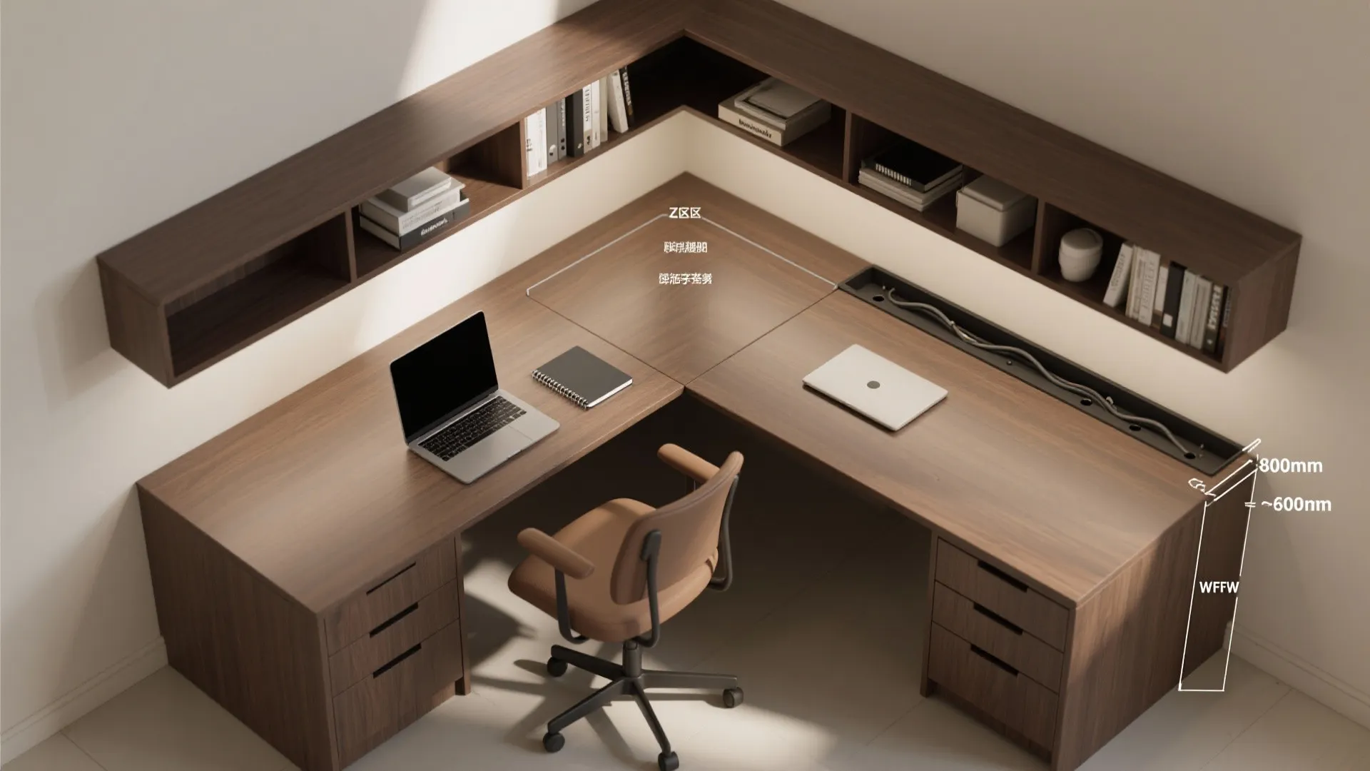 Compact L-shaped desk with integrated cable management