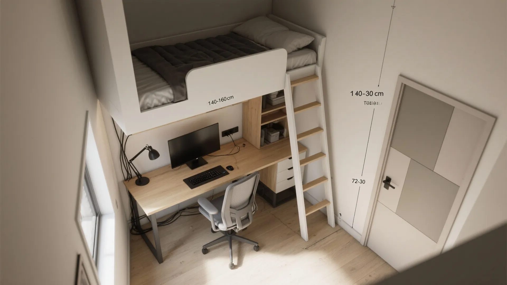 Top-down layout showing L-shaped desk under loft bed with clearances and zones.