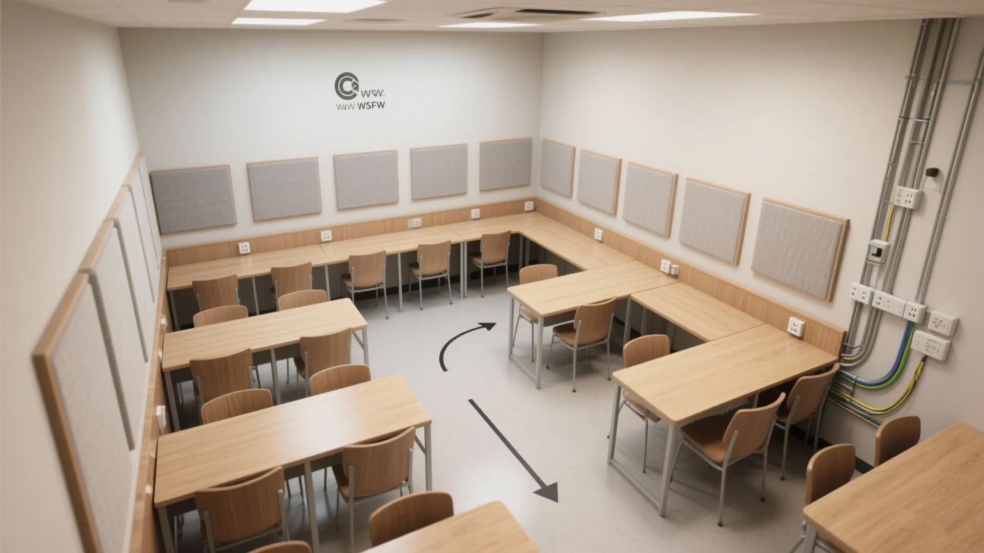 Top down view of a classroom with wooden desks grey chairs and sound absorbing wall panels