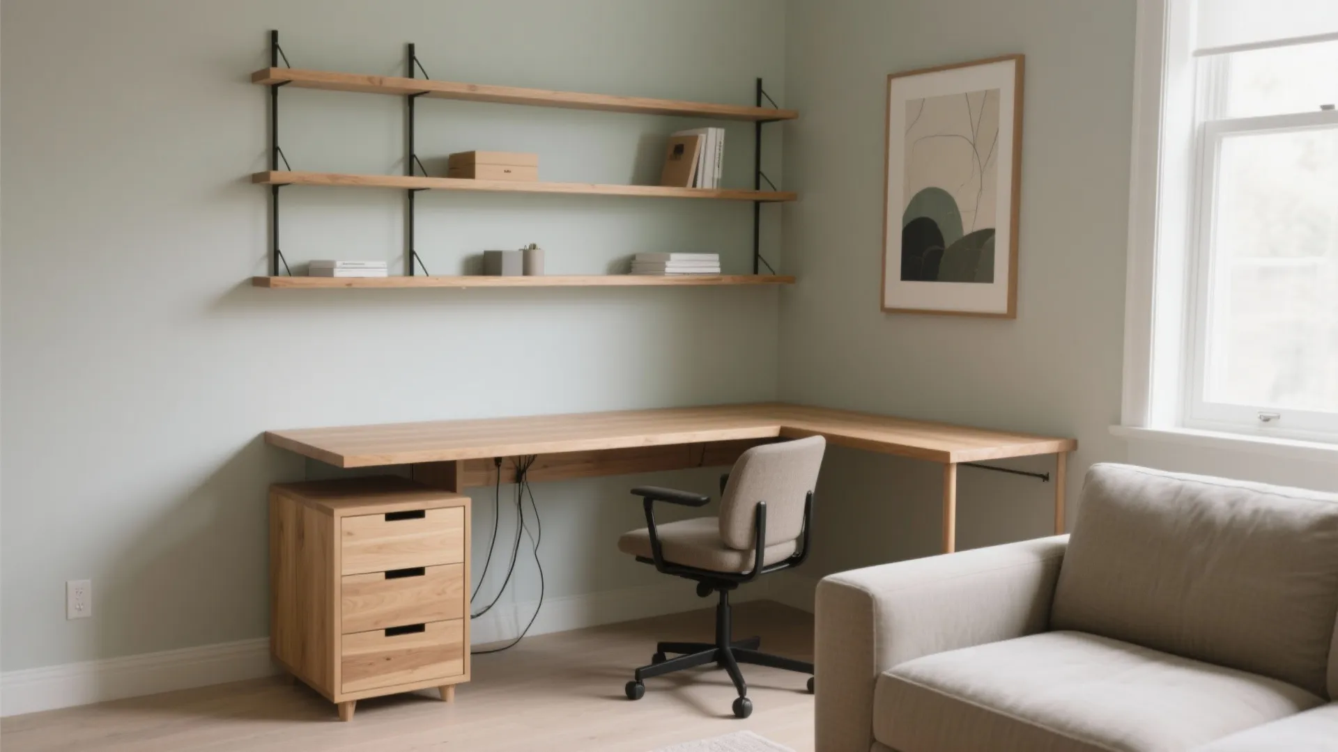 1) L-shaped corner workstation with vertical storage
