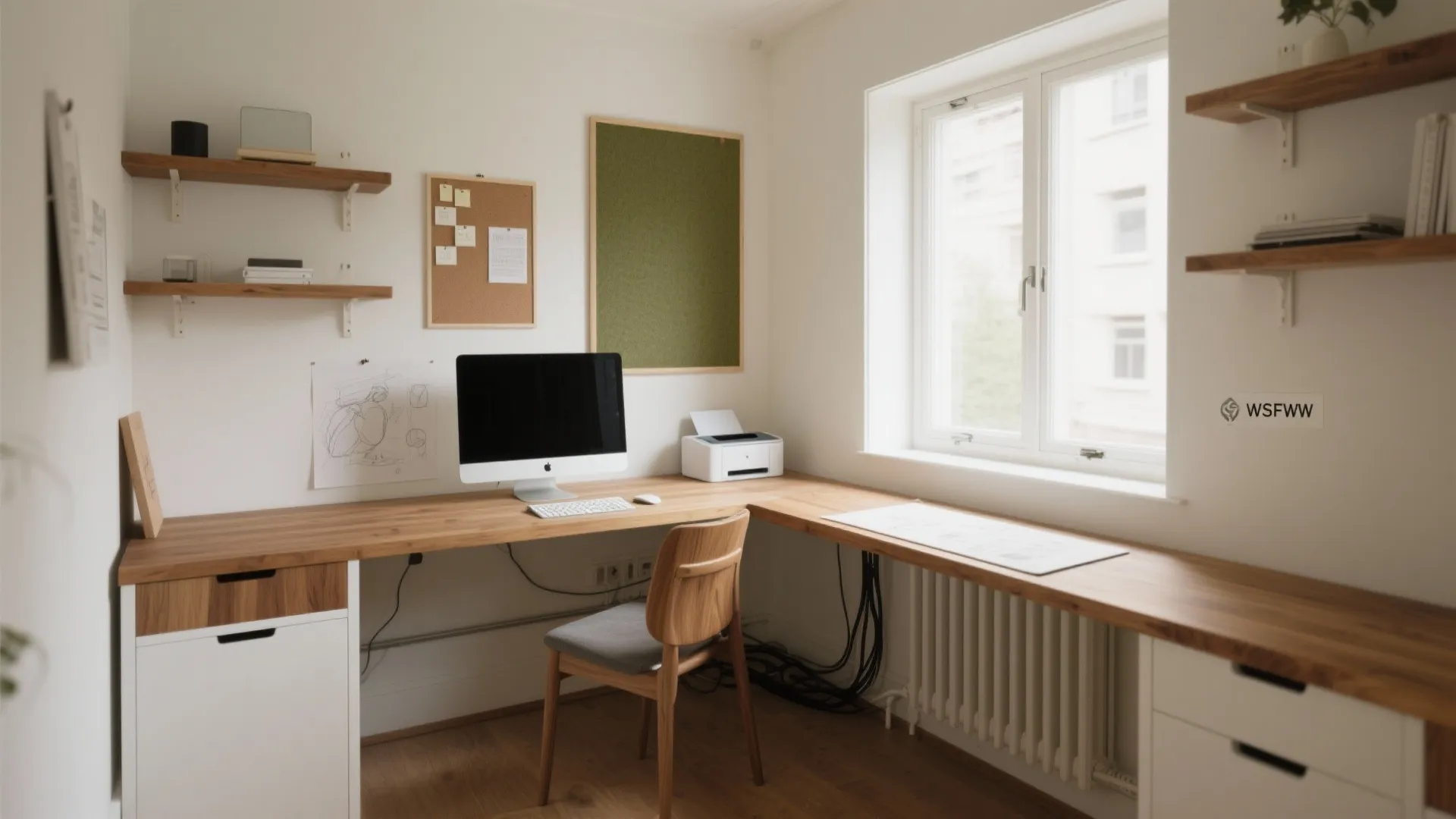 Modern home office with wooden corner desk computer chair white walls shelves and natural window light