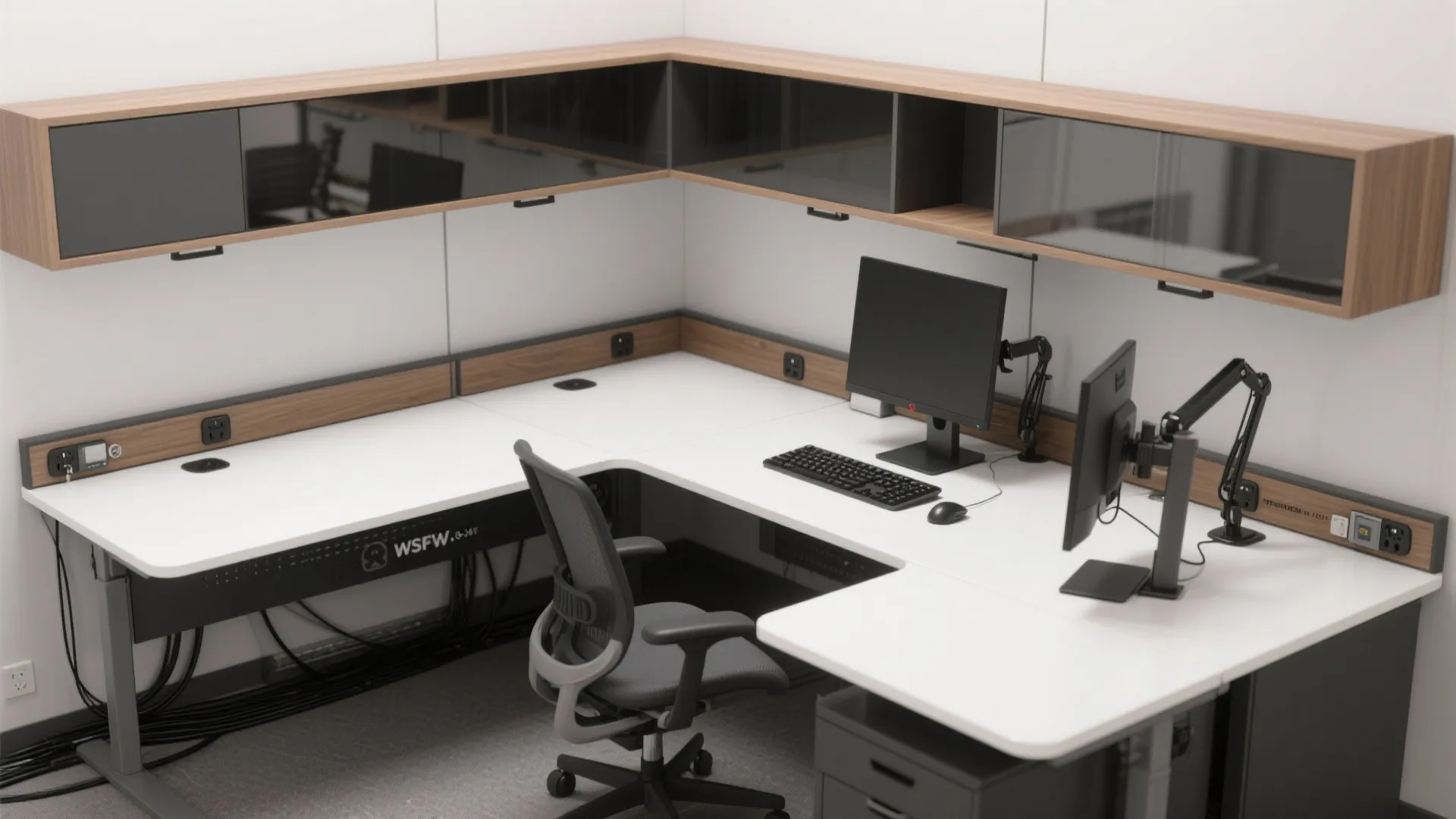 L shaped white office desk with black chair computer monitors and wooden wall cabinet for storage