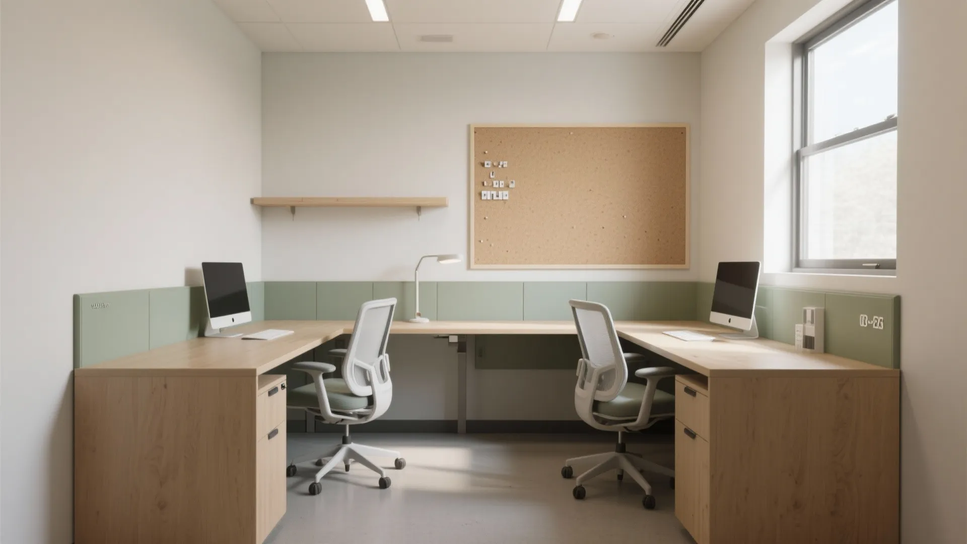 1) Space-smart zoning with L-shaped desks