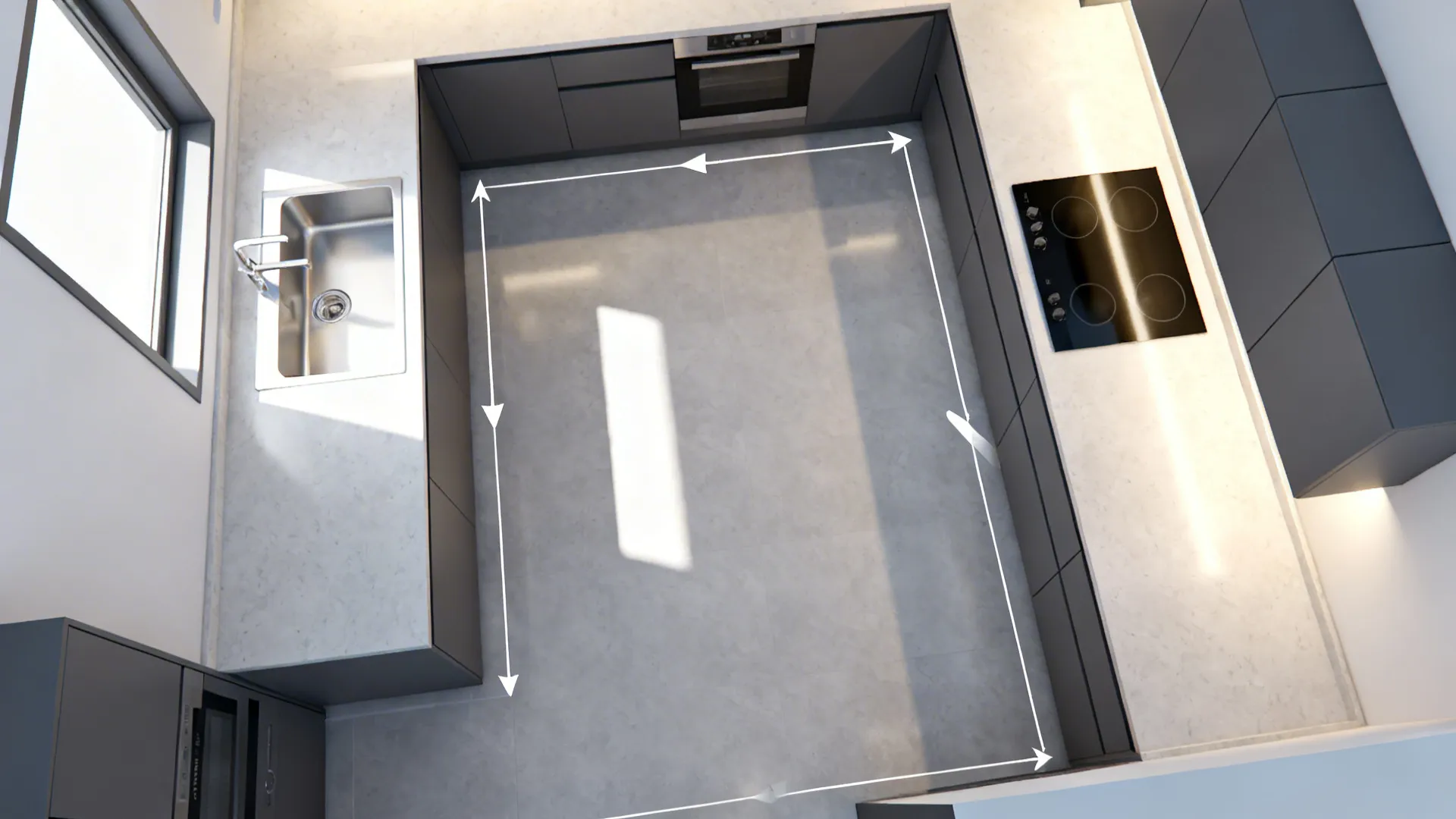 Top-down L-kitchen plan showing spacious walkway, counter depth, and a long prep stretch.