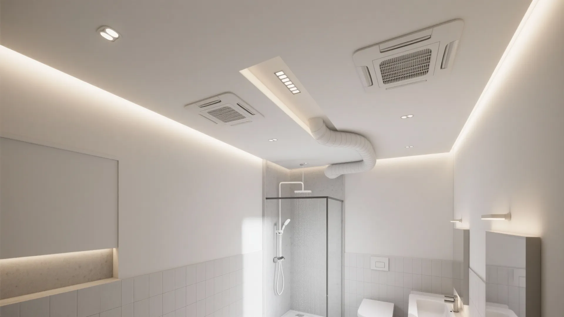 White bathroom interior with glass shower cabin wall light fixtures and ceiling air conditioning unit