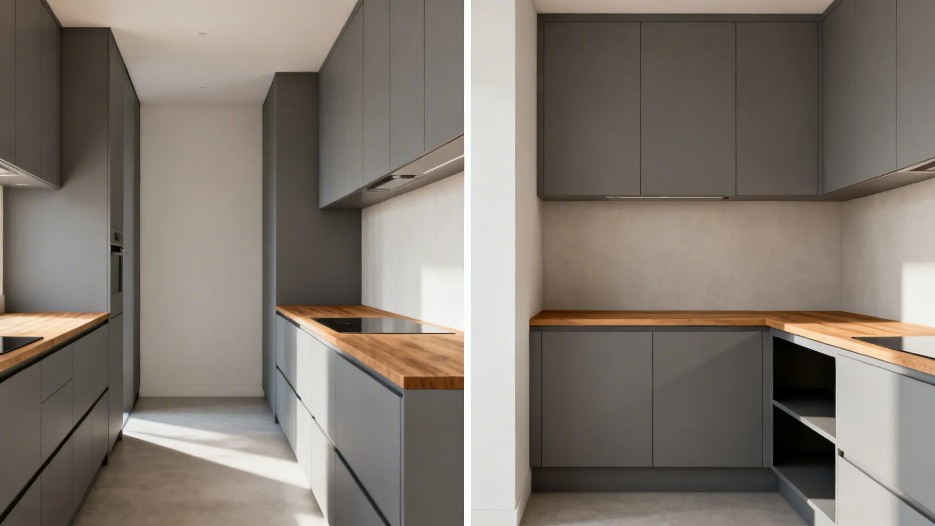 Before-and-after view showing a straight galley end upgraded with a short L-shaped counter.