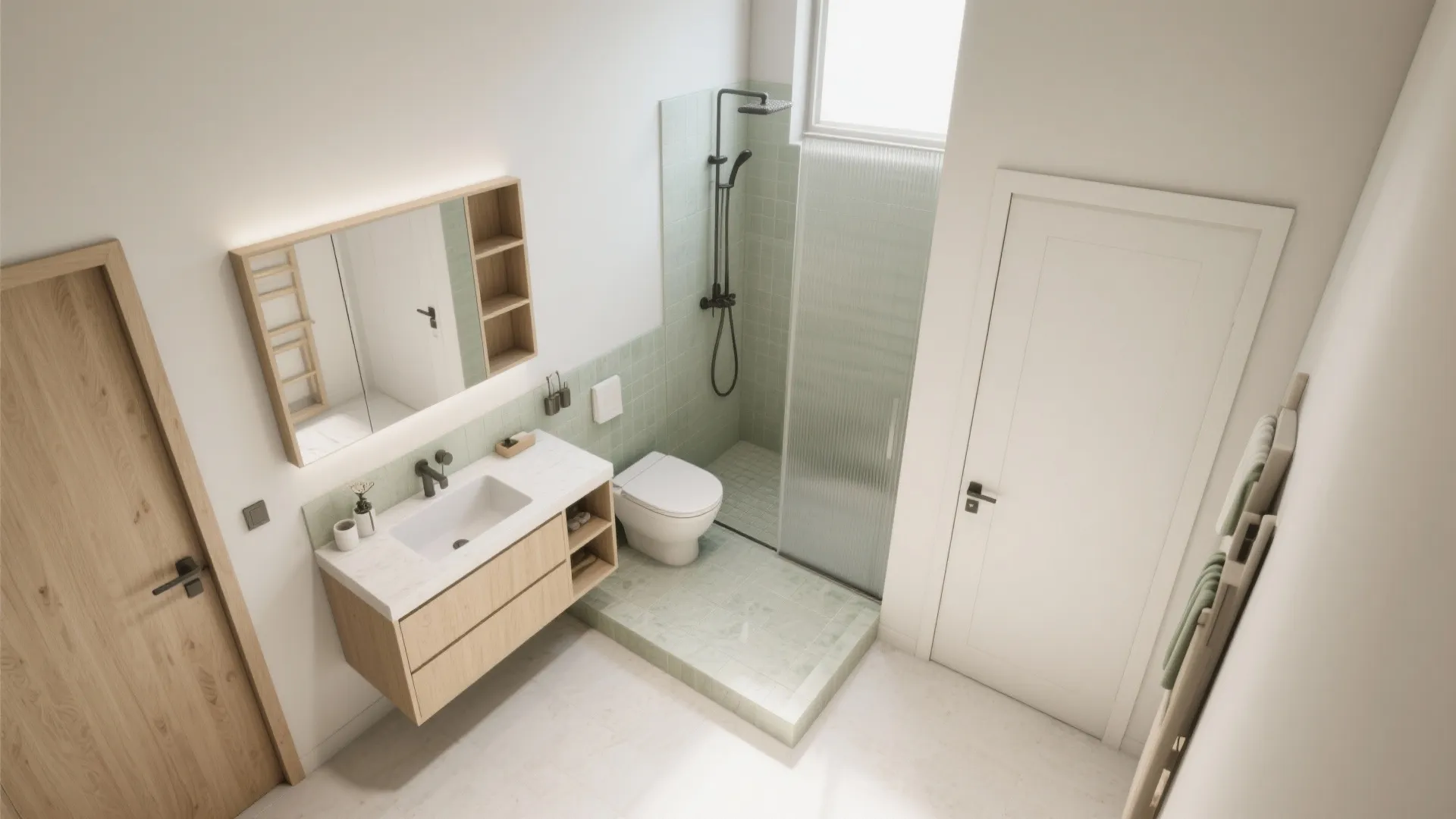 Compact L-shaped ensuite layout