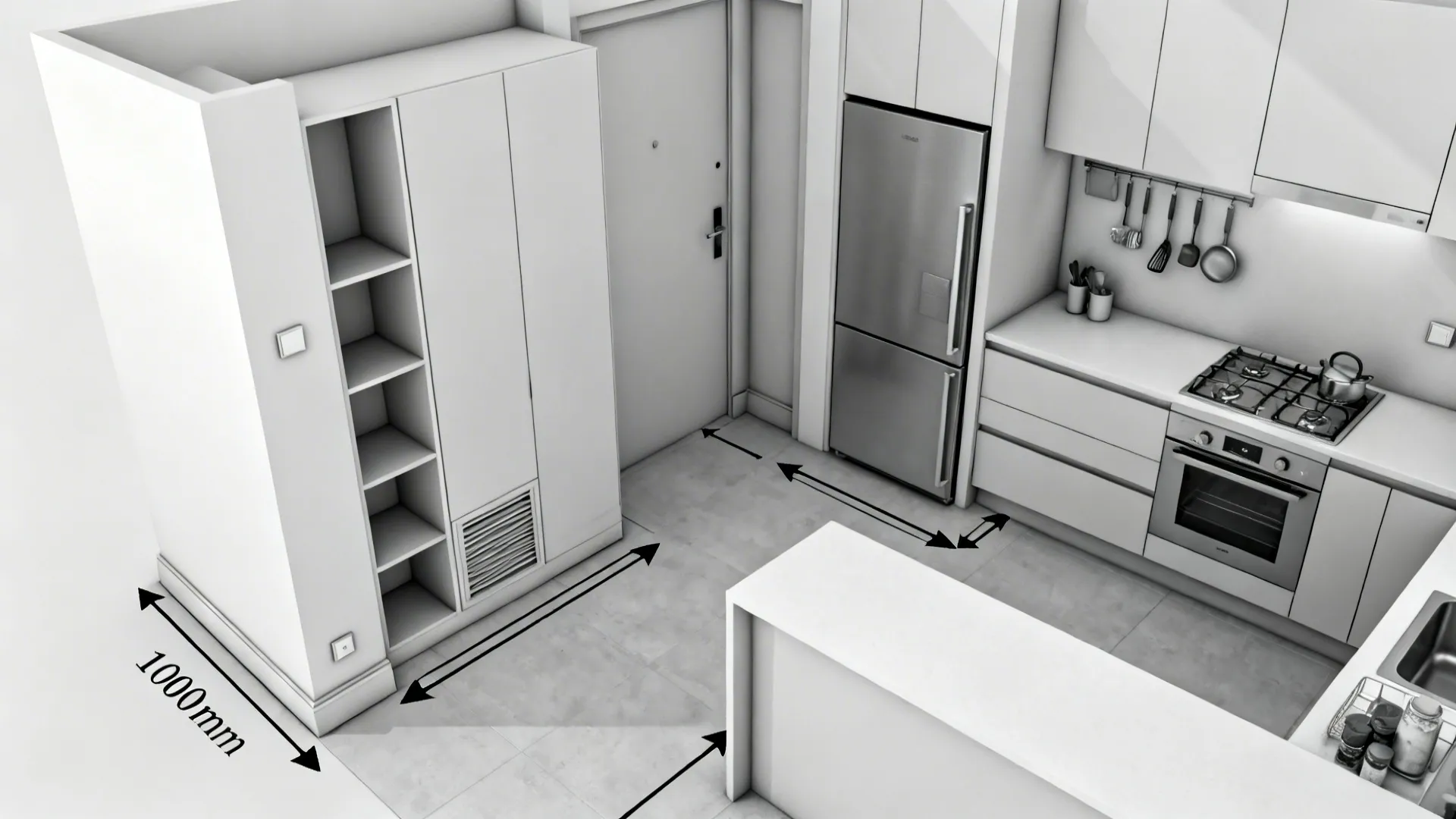 Top-down visualization of an L-shaped kitchen entry with pantry and clearances.
