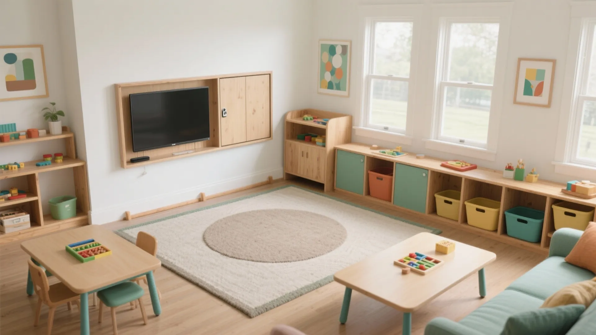 Spacious playroom with wooden toy shelves small activity tables round rug and a wall television