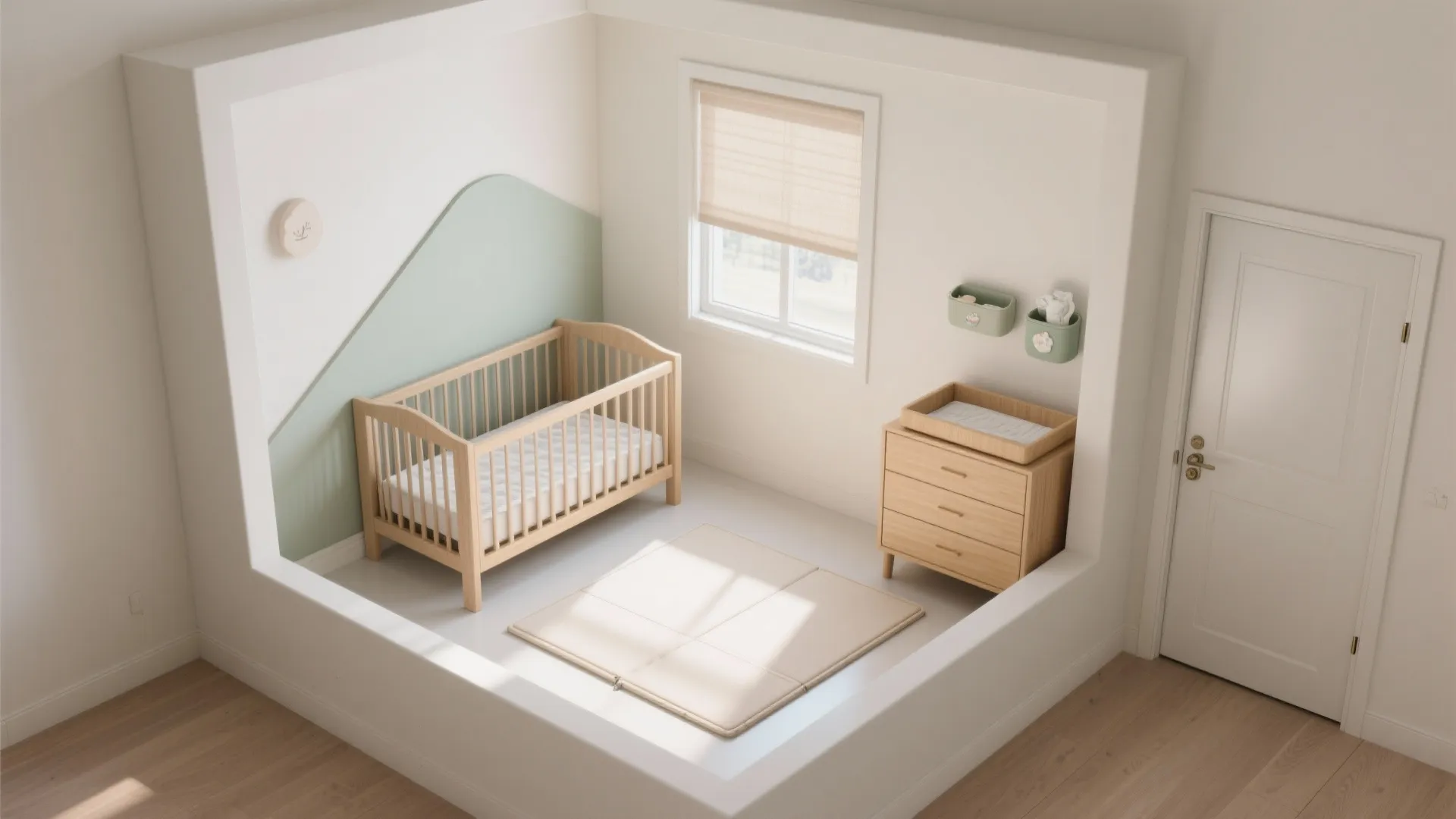 Modern baby nursery room with wooden crib cabinet floor mat and natural light from a window