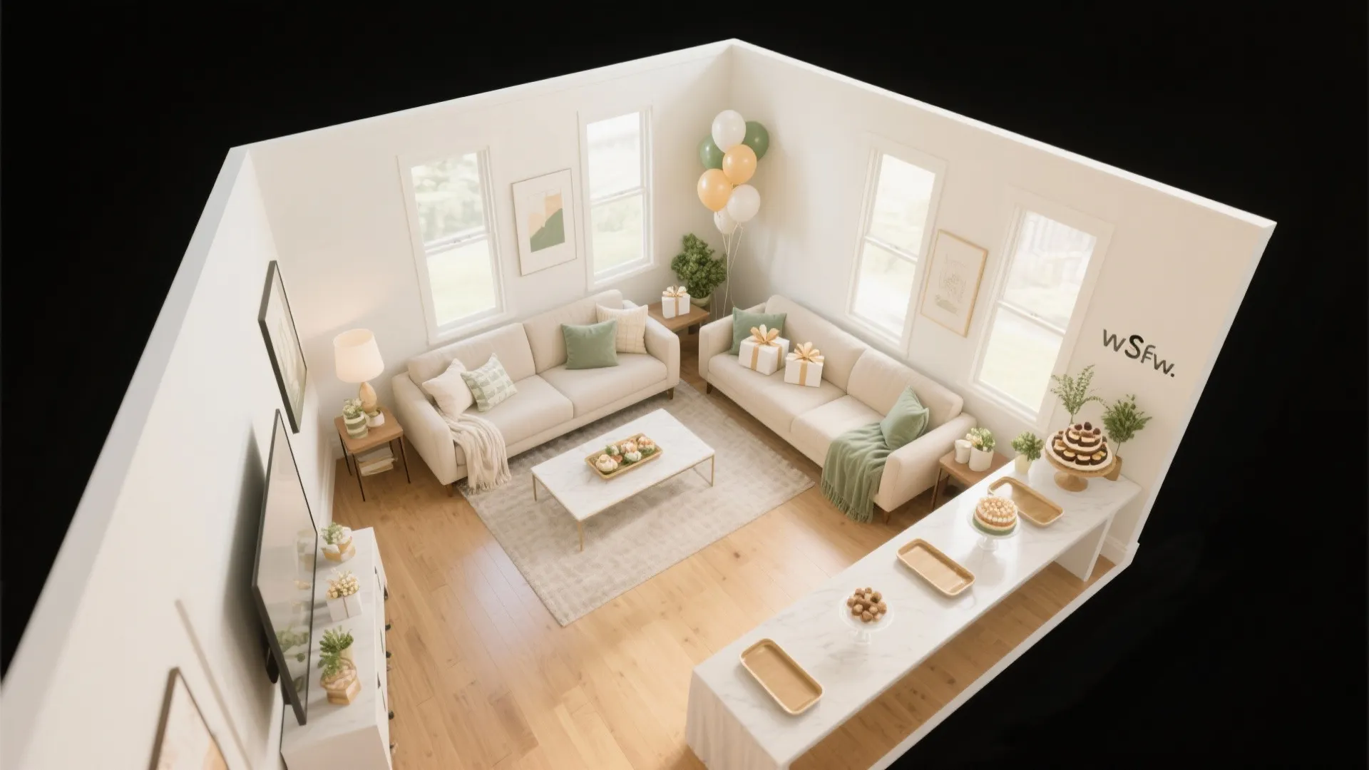 Top view interior design drawing of a living room with white sofas and wooden floors
