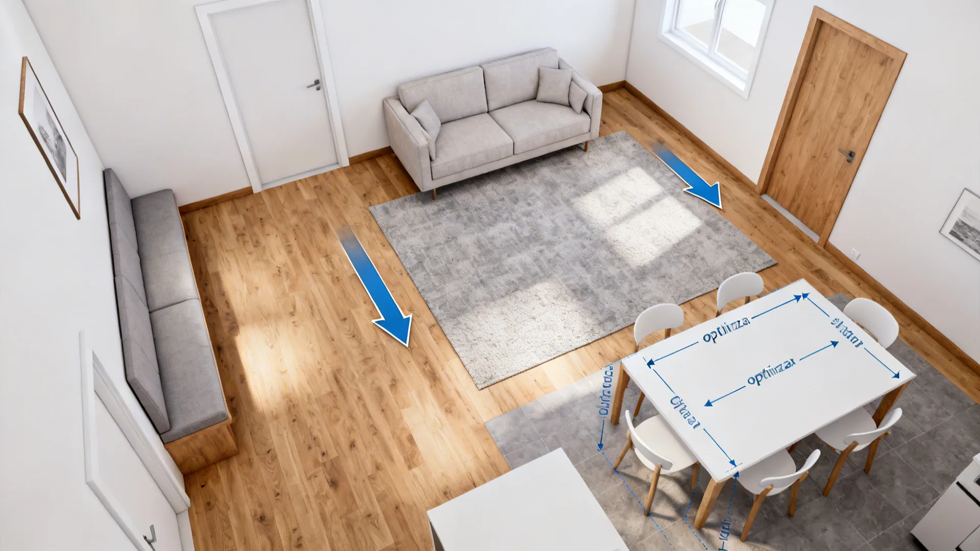 Top-down view of a sofa-backed dining area with a wall banquette and clear L-shaped circulation.